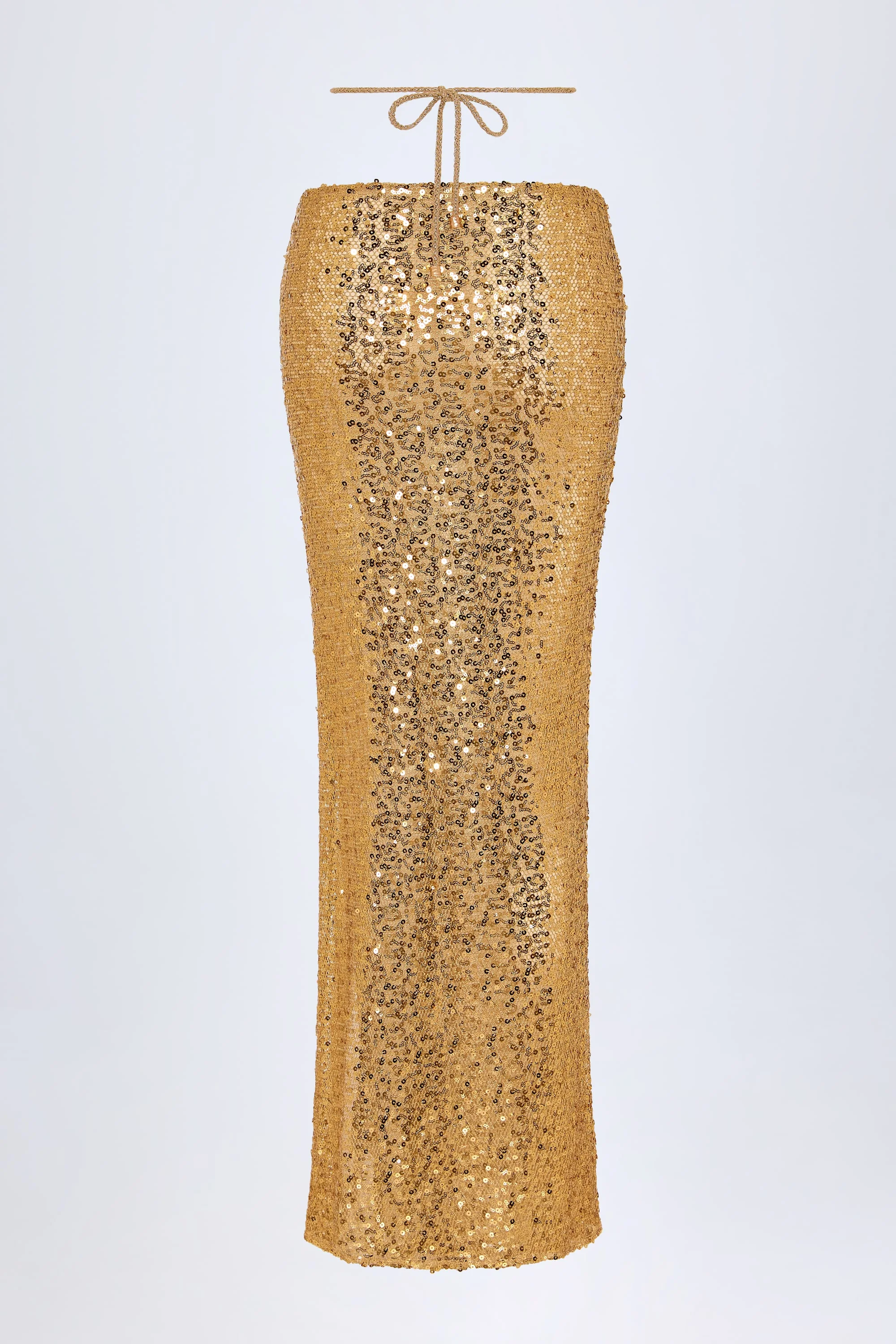 Embellished Hardware-Detail Strappy Maxi Skirt in Gold - Image 4