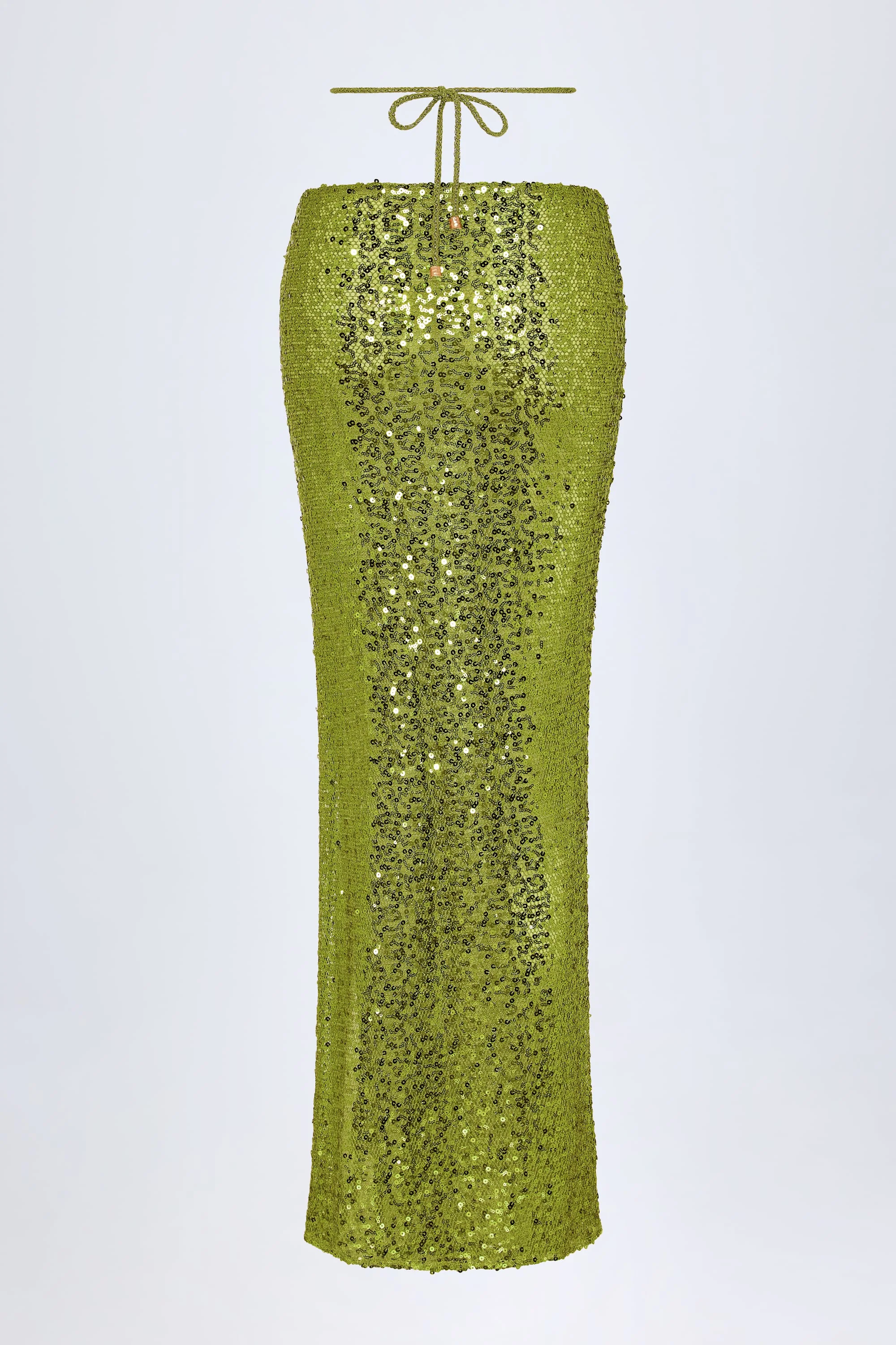 Embellished Hardware-Detail Strappy Maxi Skirt in Olive Green - Image 4