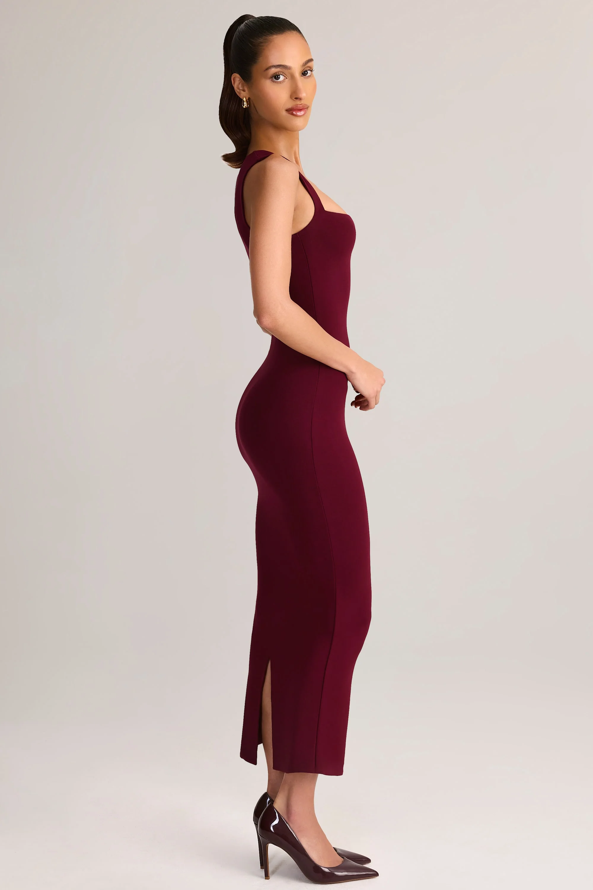 Modal Square-Neck Bodycon Midi Dress in Wine - Image 4