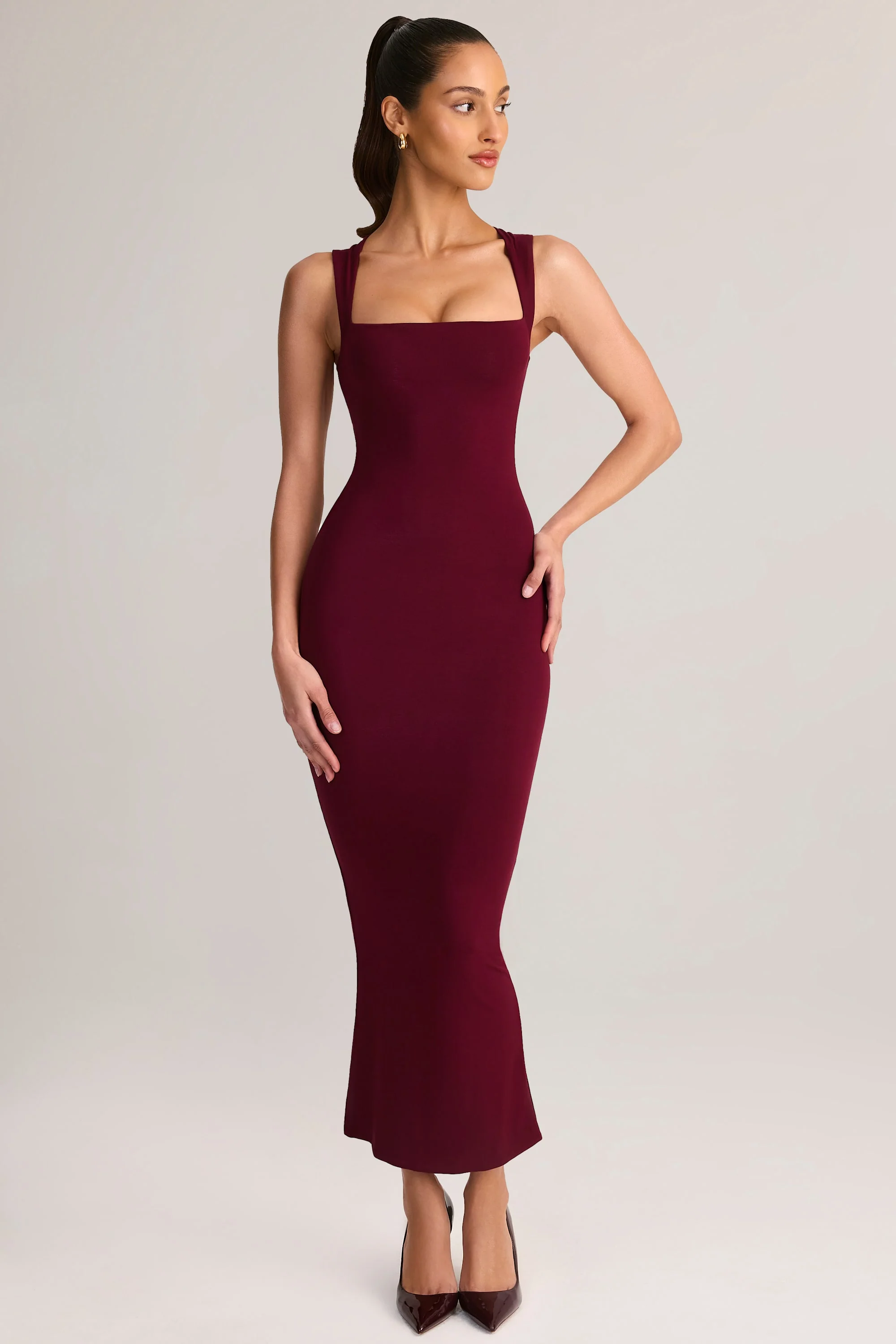 Modal Square-Neck Bodycon Midi Dress in Wine - Image 5
