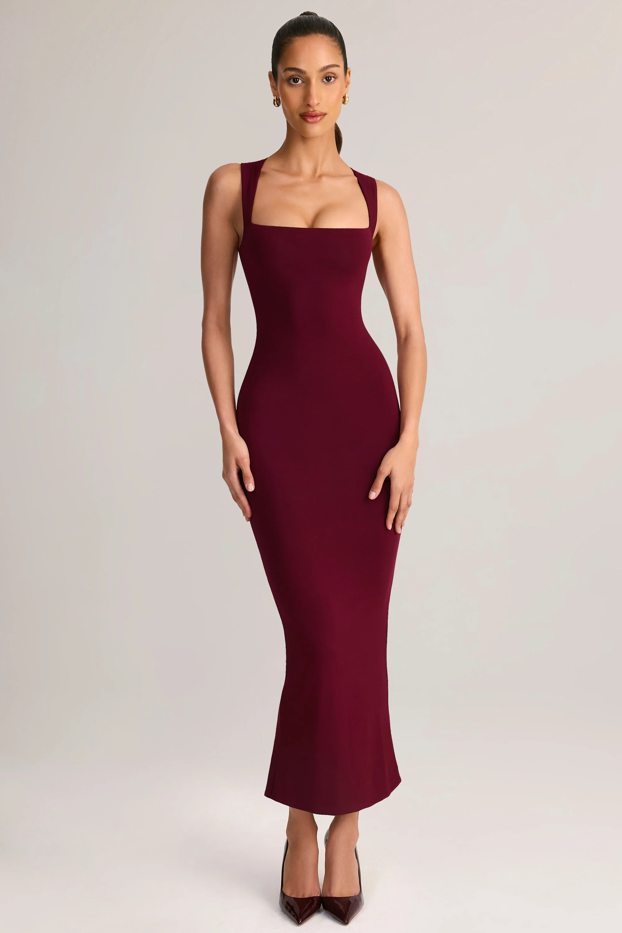 Modal Square-Neck Bodycon Midi Dress in Wine - Image 7