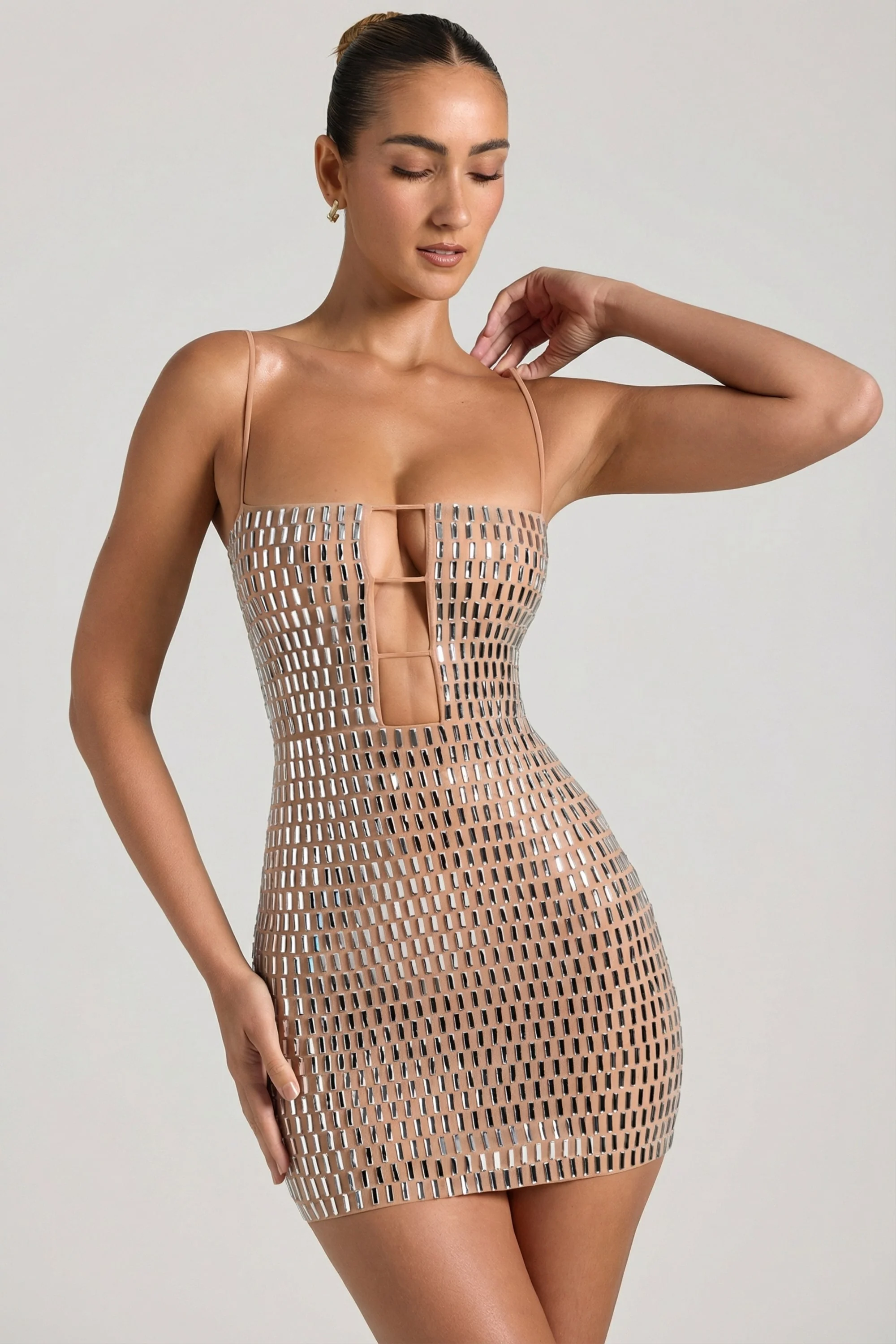 Embellished Cut-Out Mini Dress in Honey - Image 4