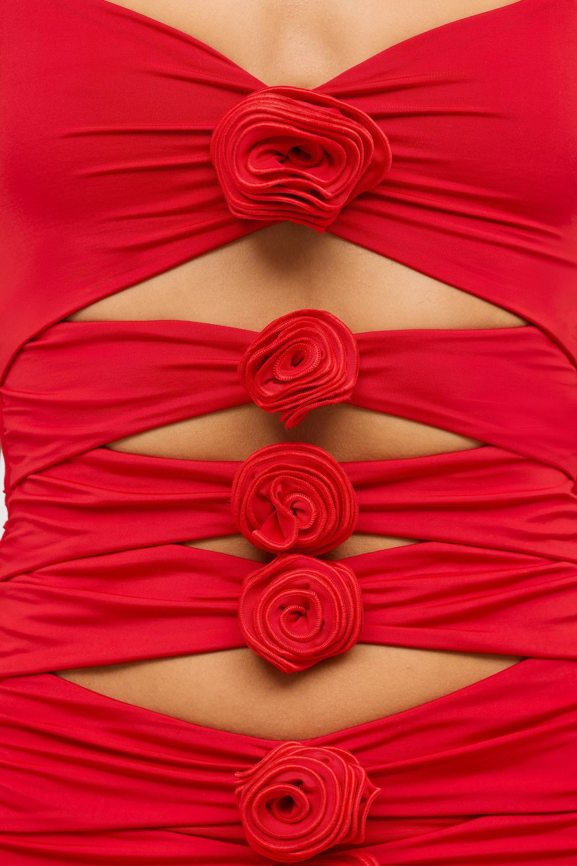 Slinky Jersey Rose Detail Cut Out Mini Dress in Scarlet Red - Image 4