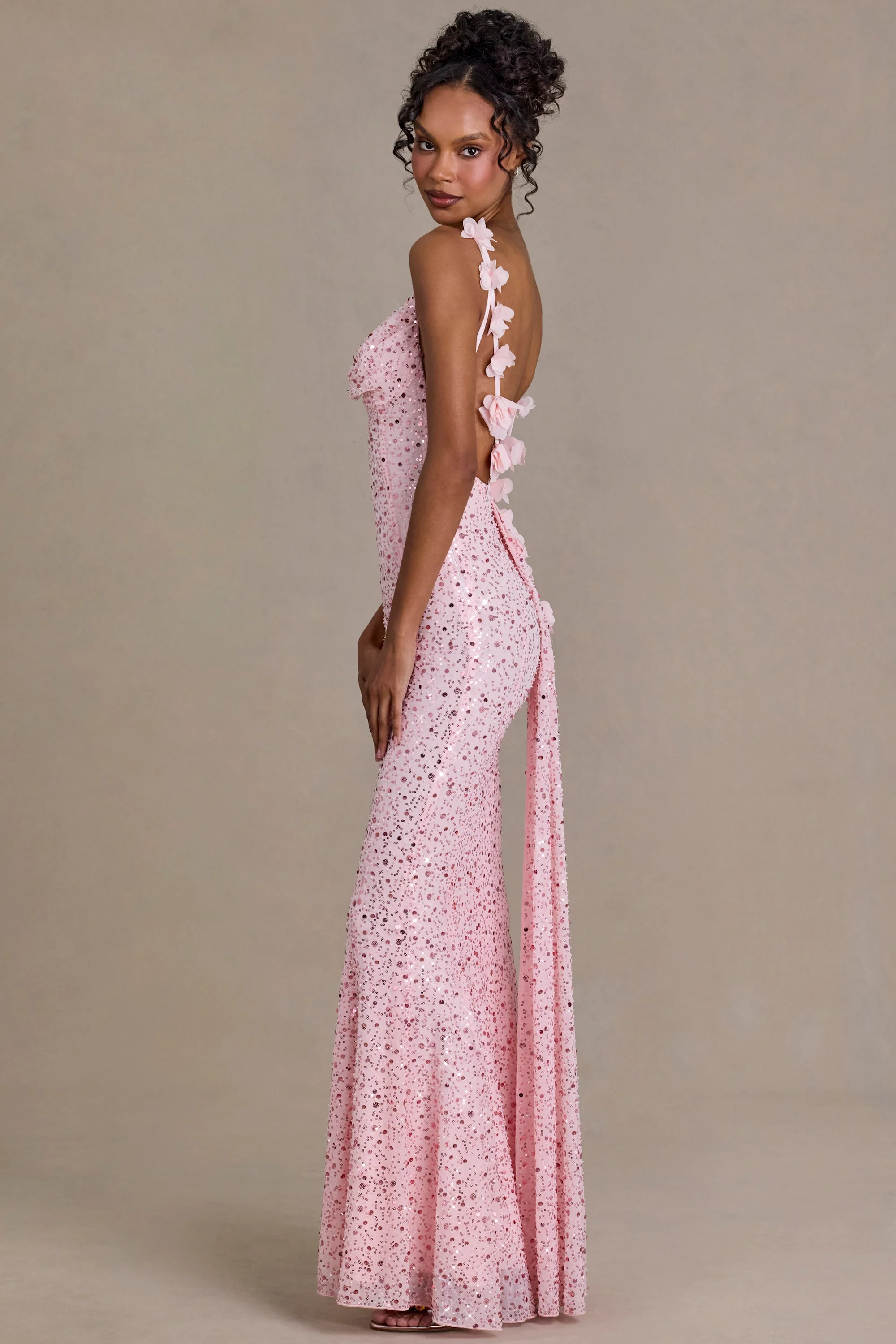 Premium Embellished Open-Back Maxi Dress in Baby Pink - Image 3