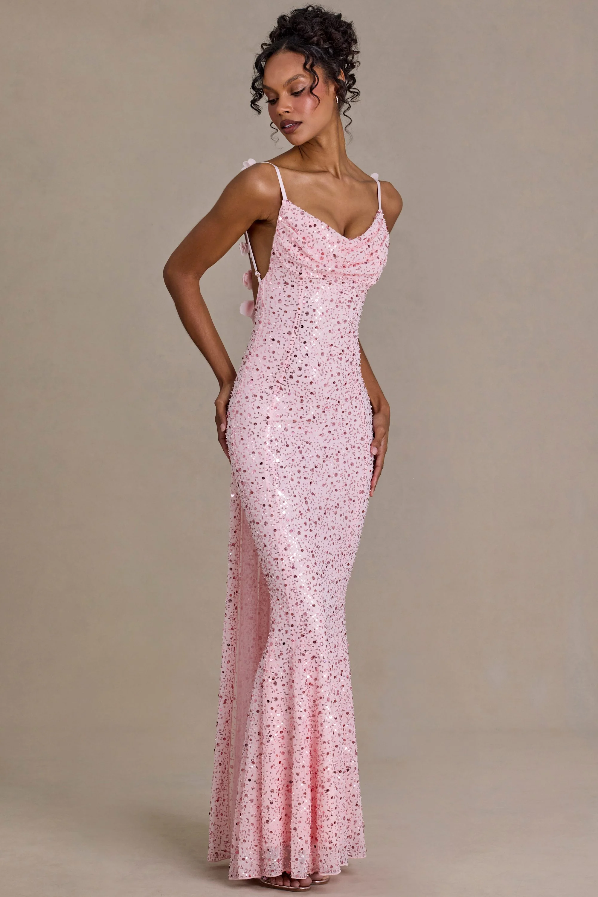 Premium Embellished Open-Back Maxi Dress in Baby Pink - Image 4