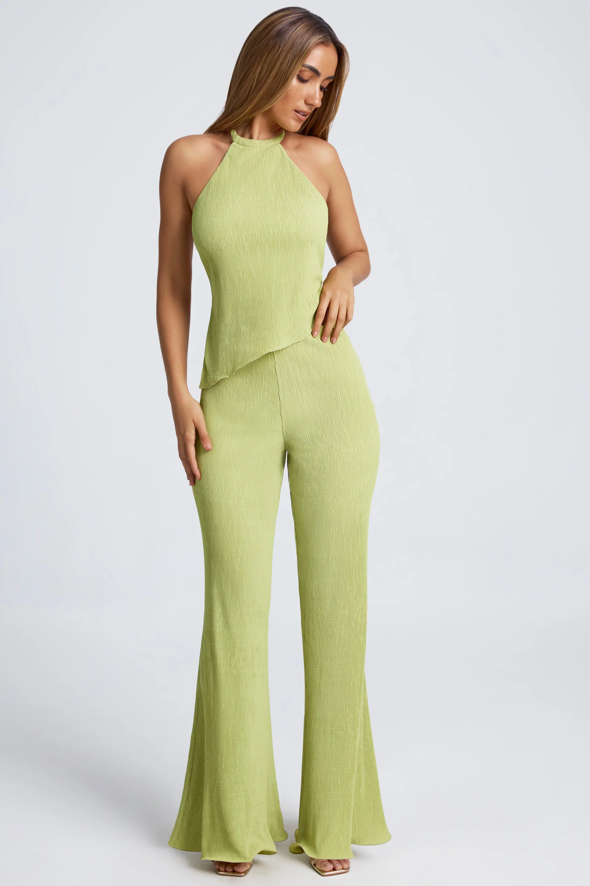 Open-Back Asymmetric Halterneck Top in Olive Green - Image 6