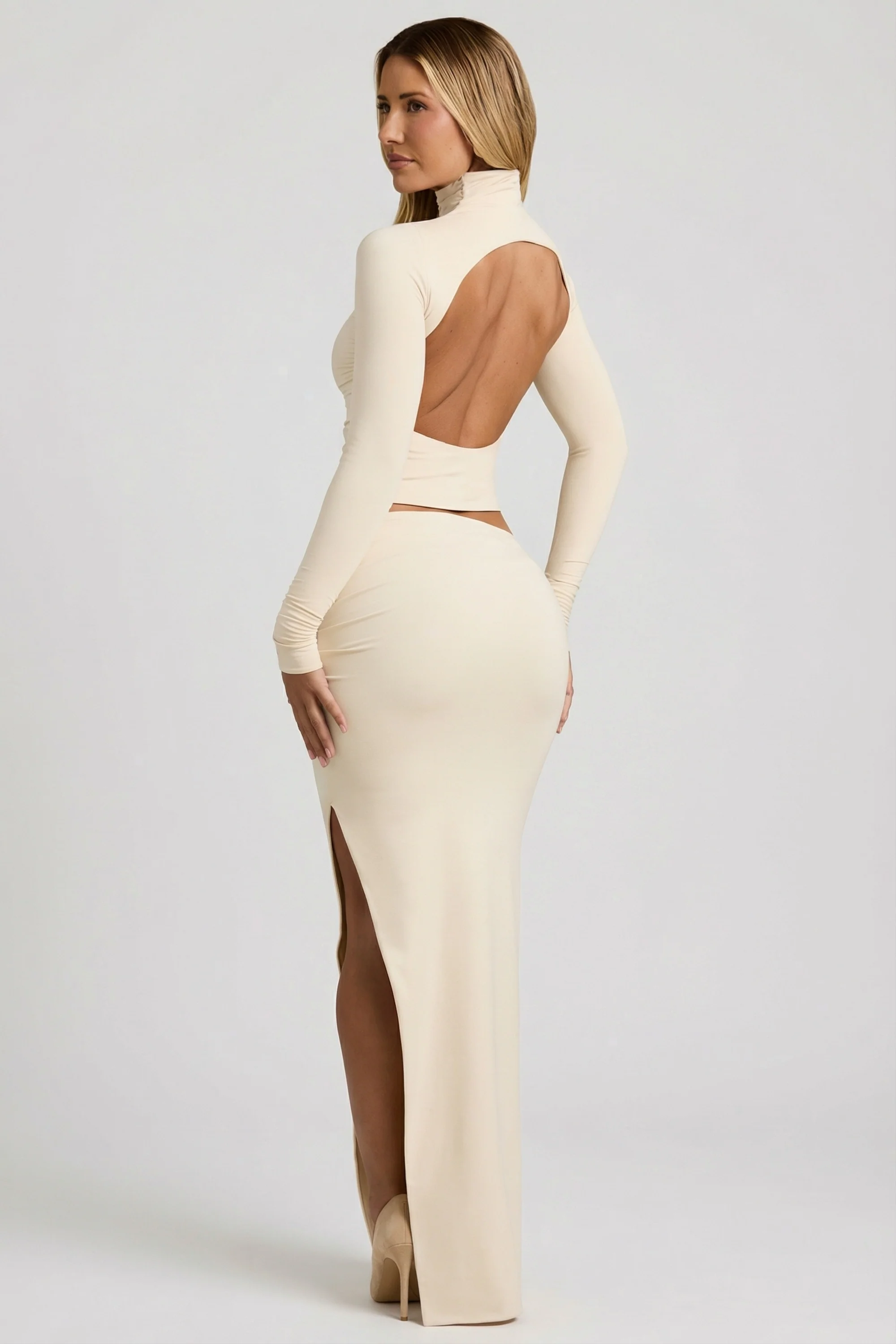 Modal Ruched Backless Turtleneck Top in Ivory - Image 7