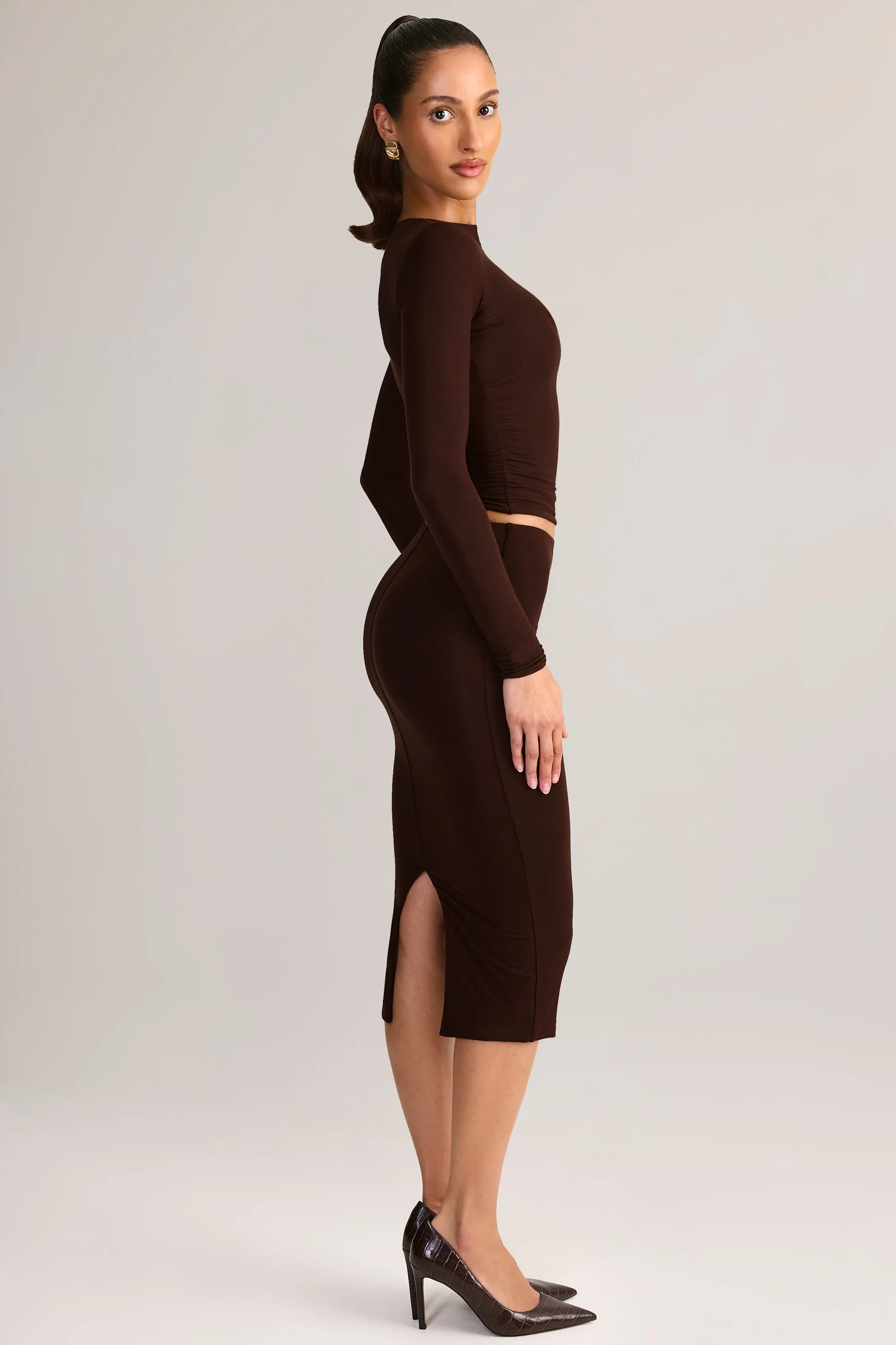 Modal Mid-Rise Pencil Midi Skirt in Chocolate Brown - Image 3