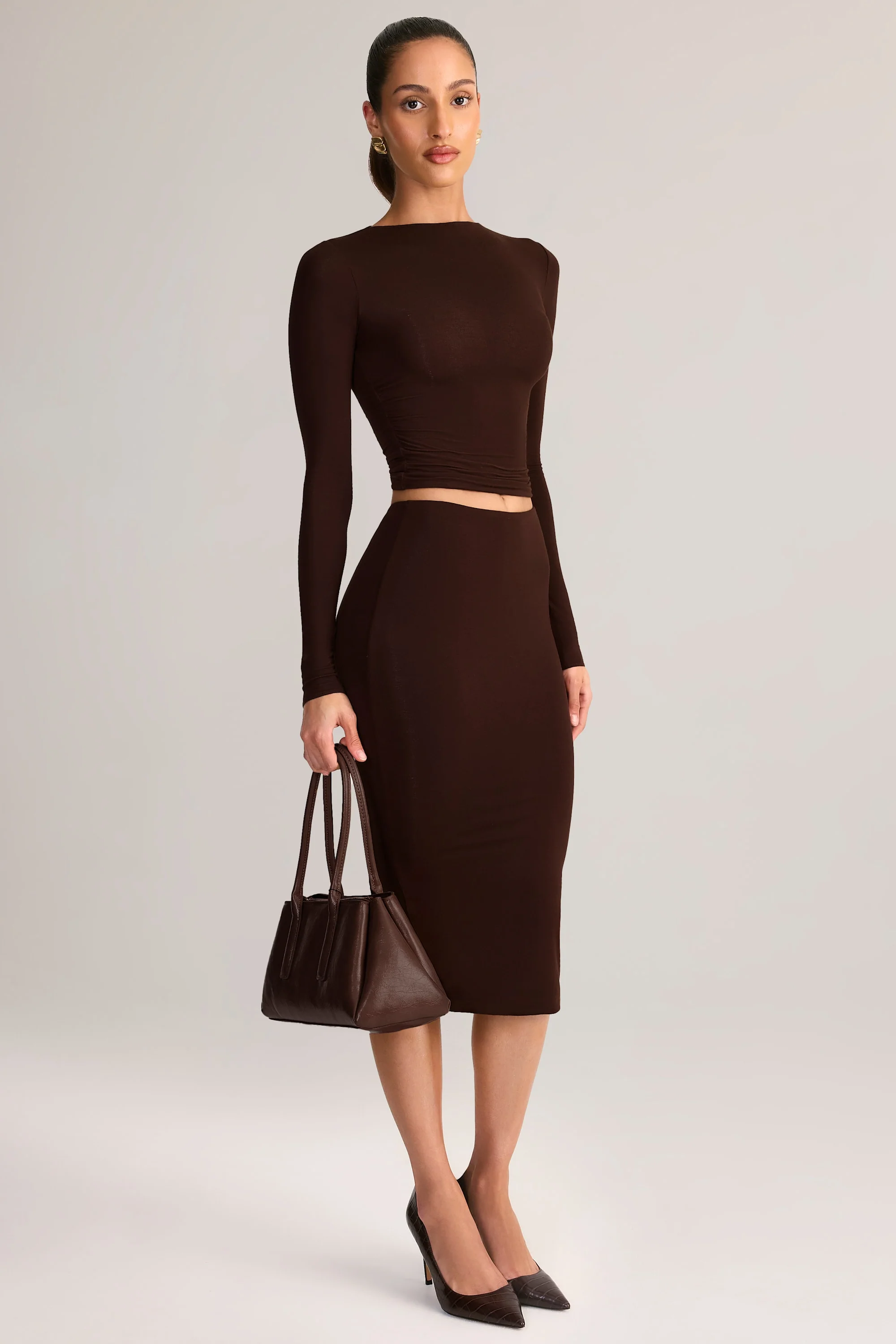 Modal Mid-Rise Pencil Midi Skirt in Chocolate Brown - Image 4