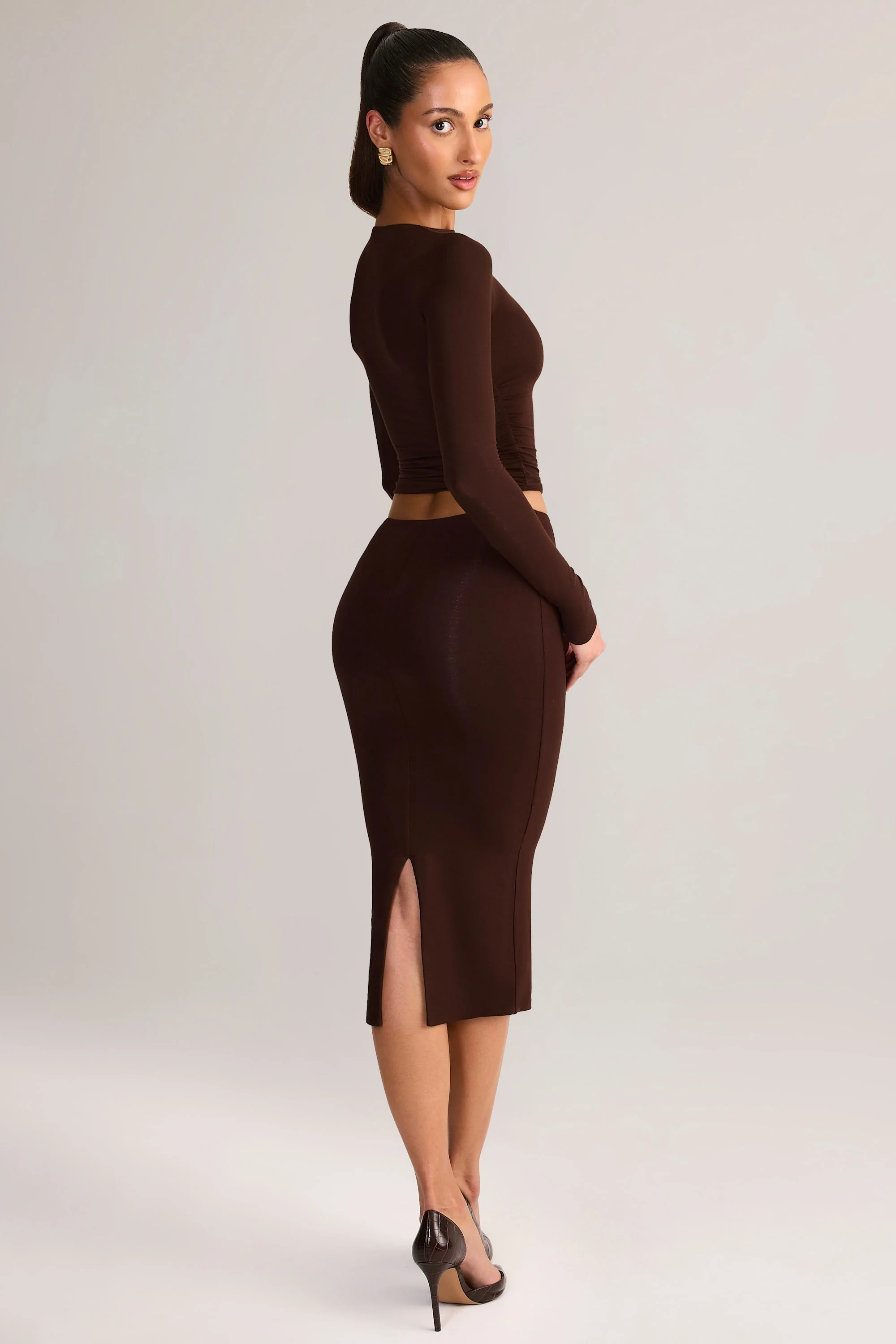 Modal Mid-Rise Pencil Midi Skirt in Chocolate Brown - Image 5
