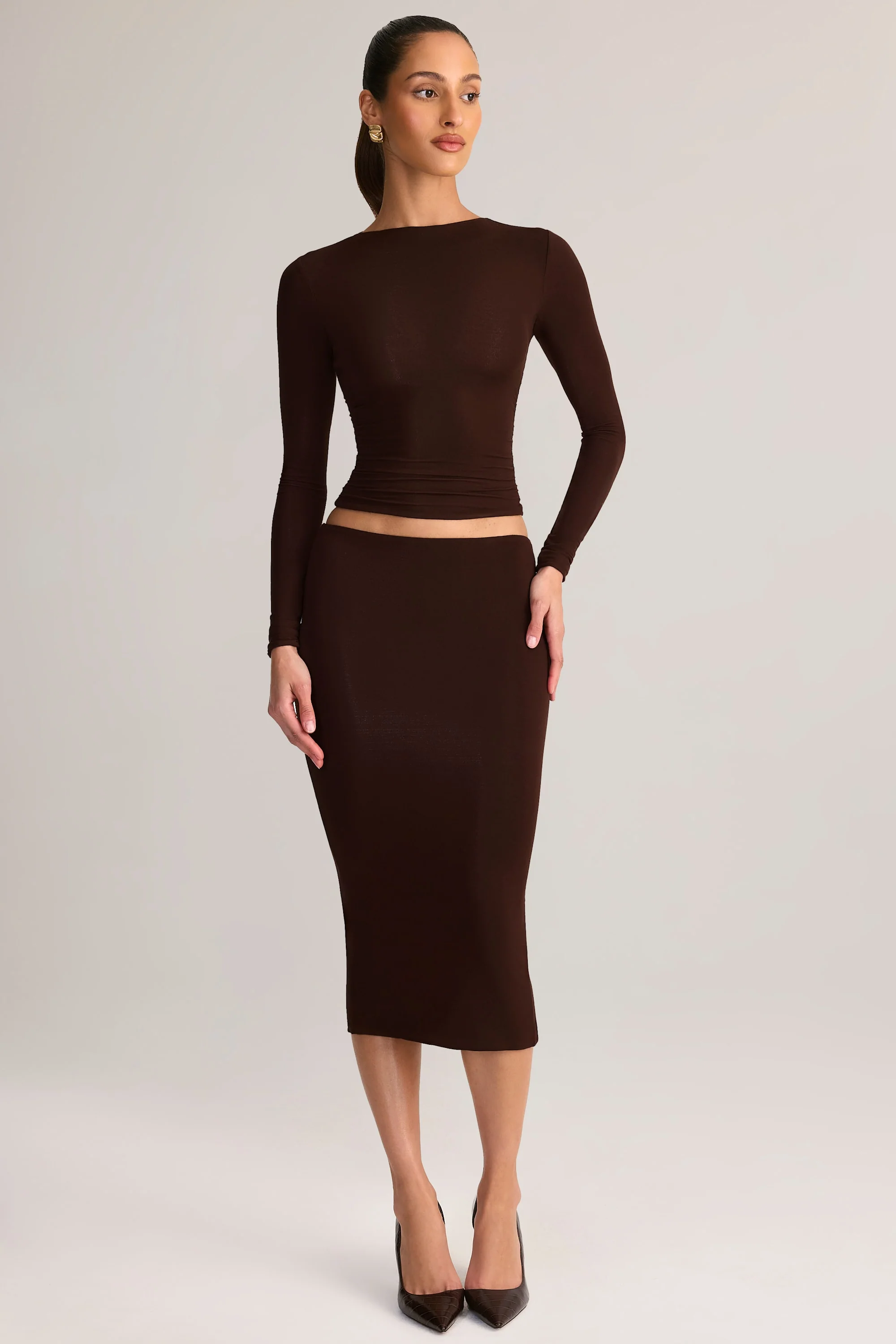 Modal Mid-Rise Pencil Midi Skirt in Chocolate Brown - Image 6