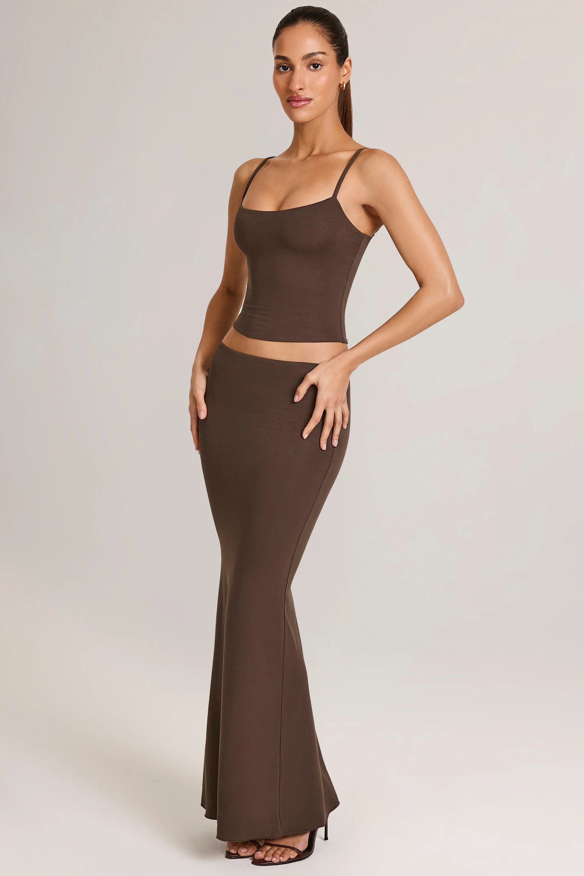 Modal Mid-Rise Fishtail Maxi Skirt in Chocolate Brown - Image 4