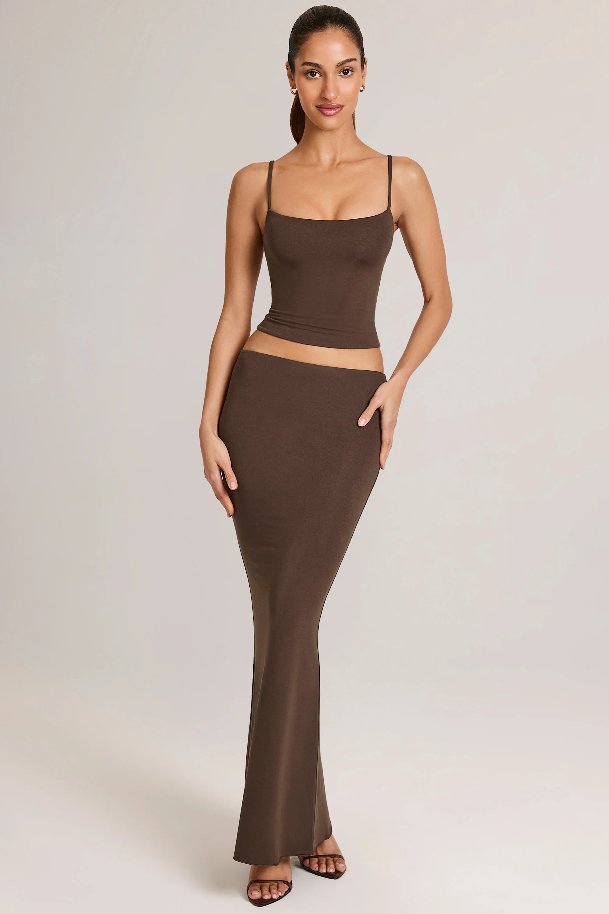 Modal Mid-Rise Fishtail Maxi Skirt in Chocolate Brown - Image 5