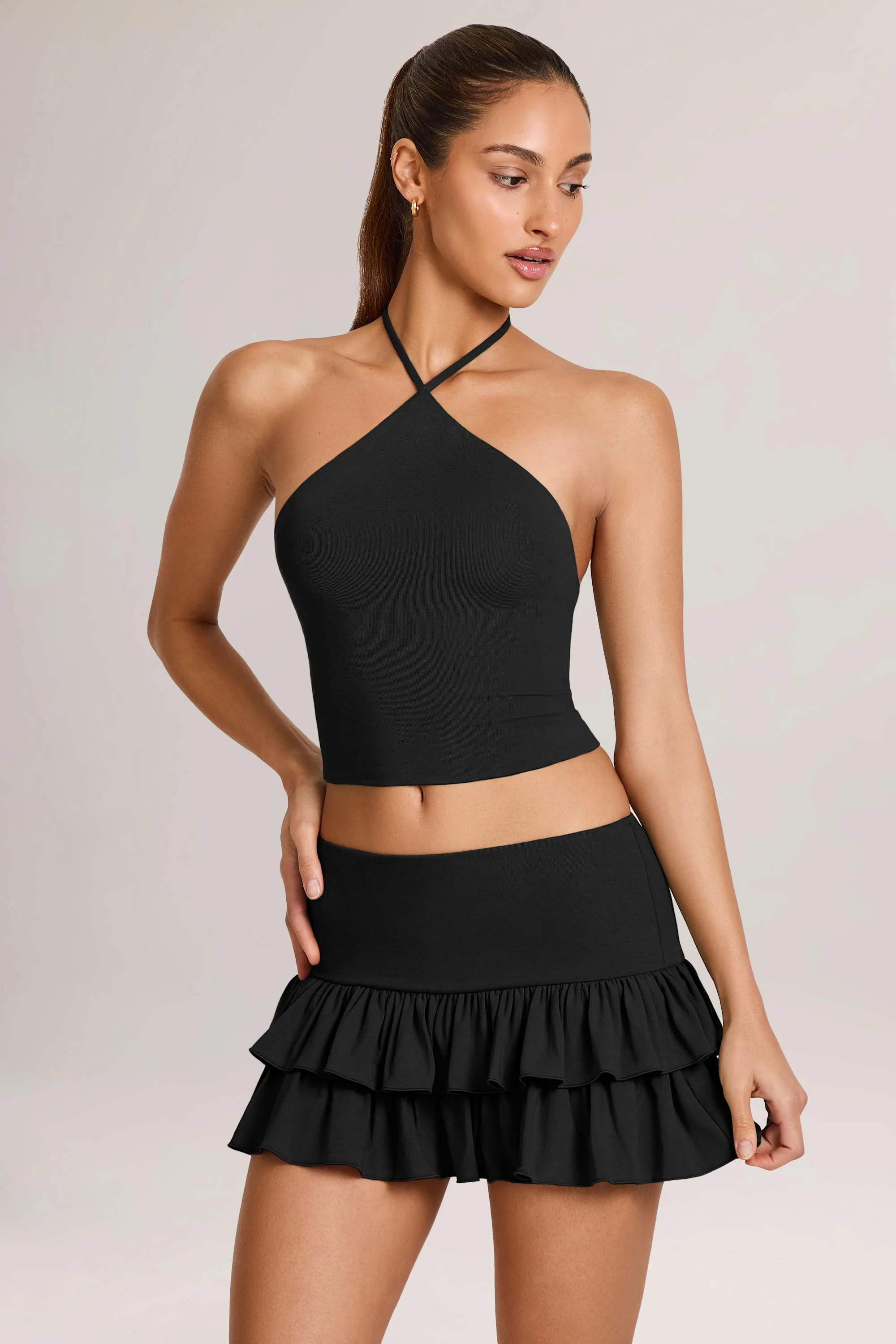 Modal Ruffle Mid-Rise Mini Skort in Black - Image 4