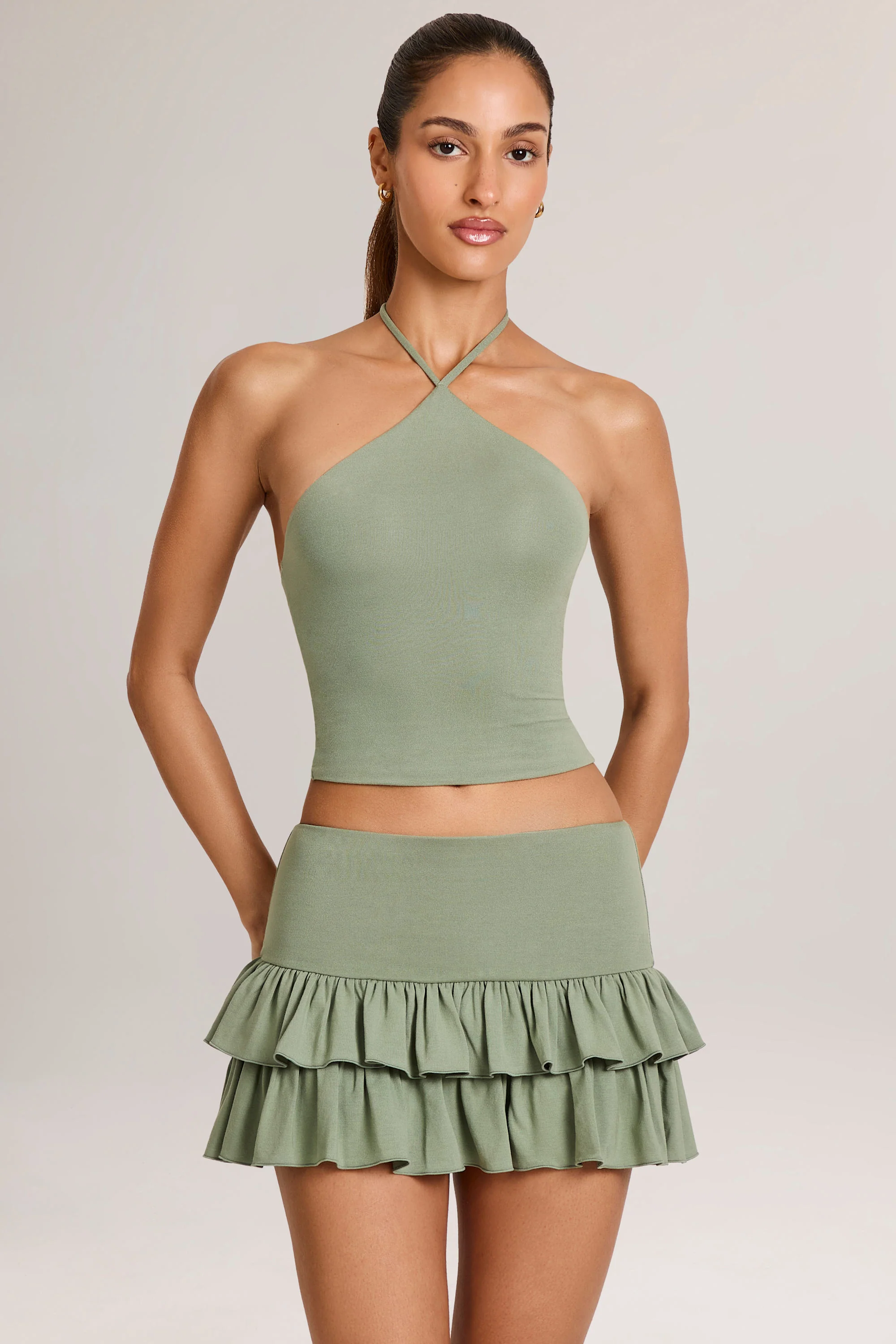Modal Ruffle Mid-Rise Mini Skort in Sage Green - Image 4