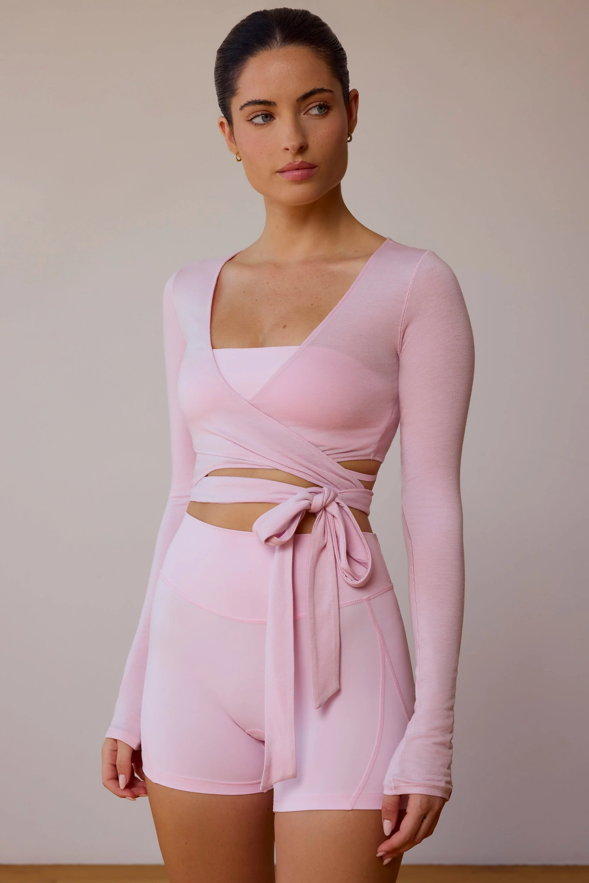 Long-Sleeve Wrap Crop Top in Soft Pink - Image 7