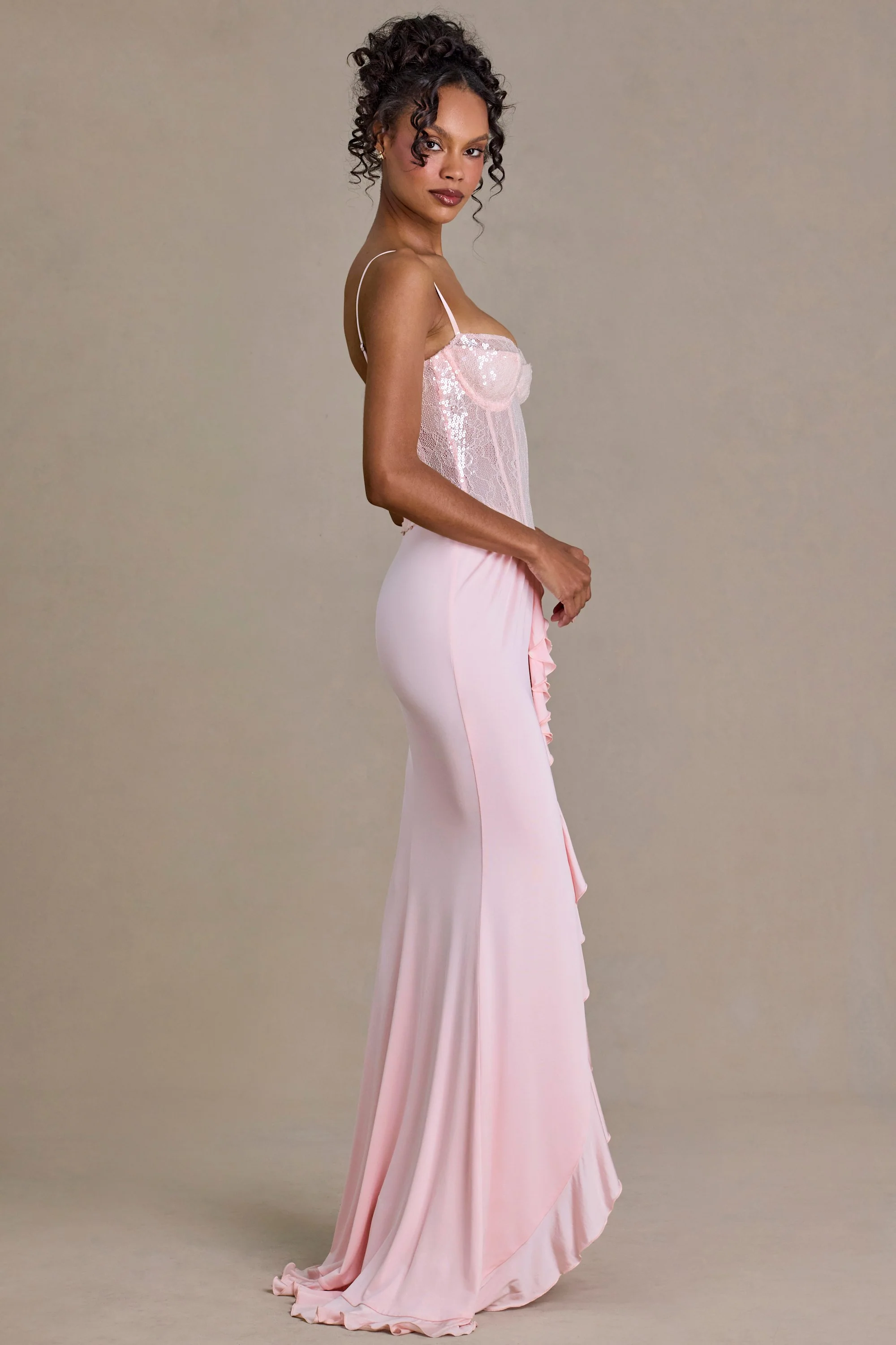 Premium Embellished Lace Corset Gown in Baby Pink - Image 3