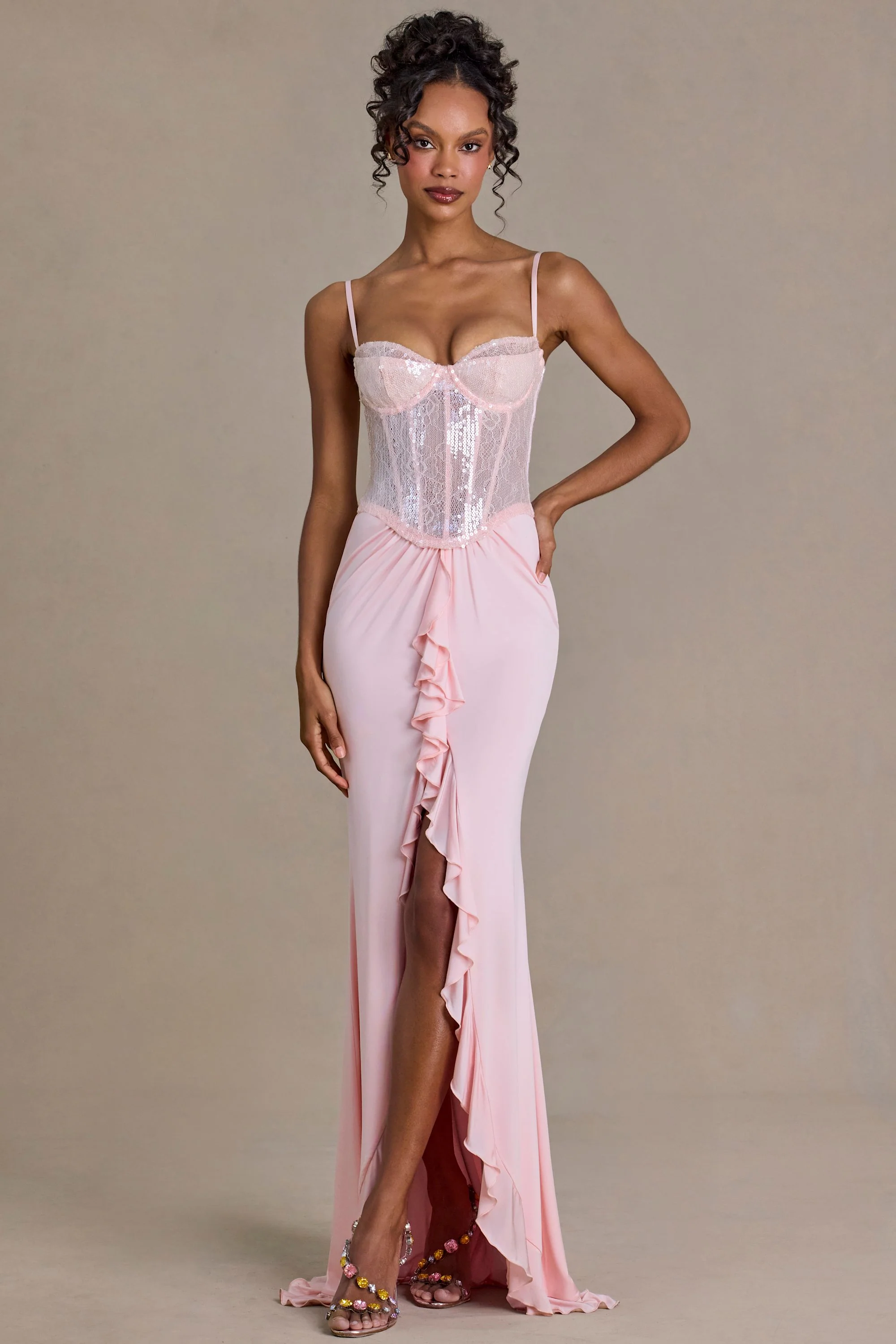 Premium Embellished Lace Corset Gown in Baby Pink - Image 7