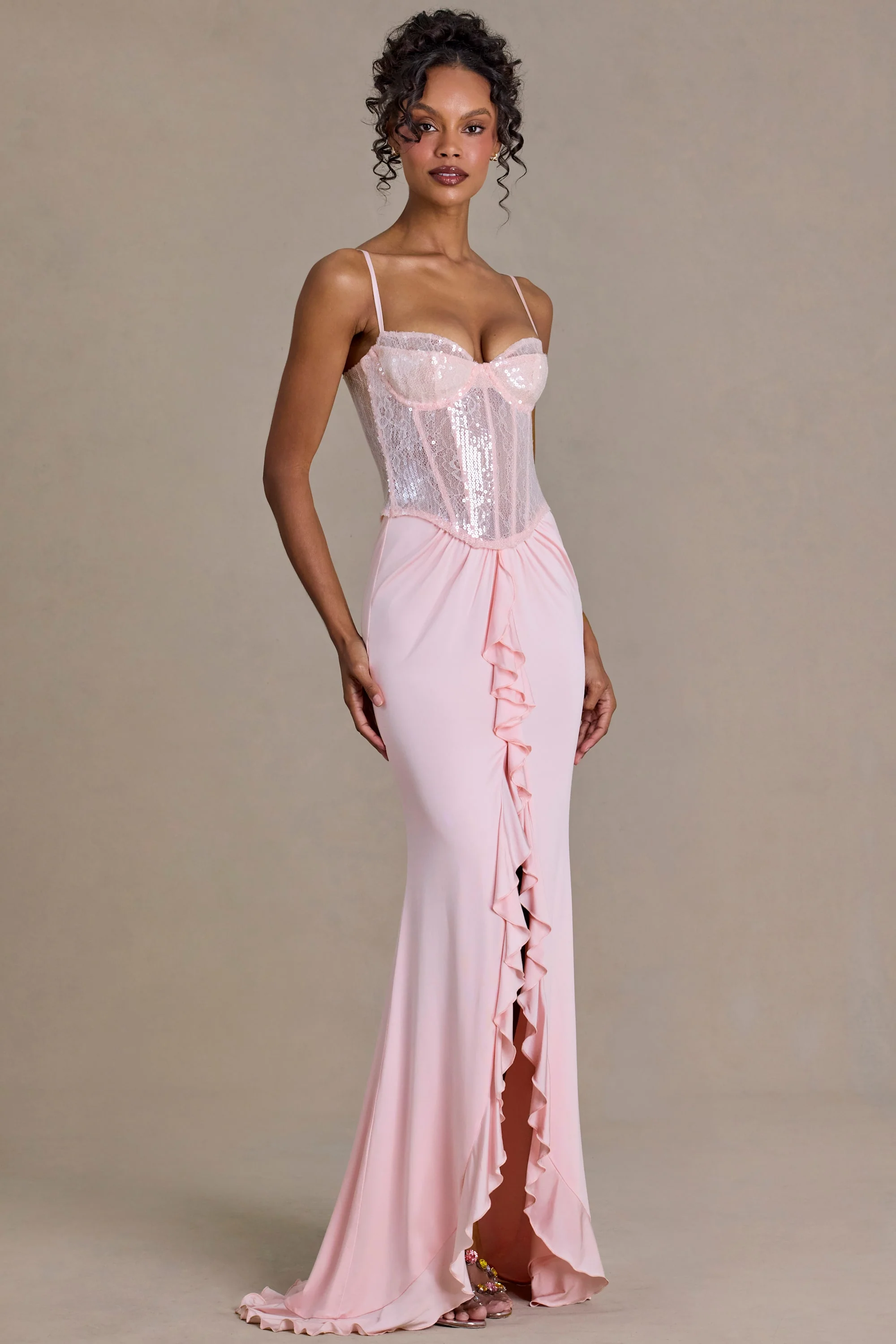 Premium Embellished Lace Corset Gown in Baby Pink - Image 8