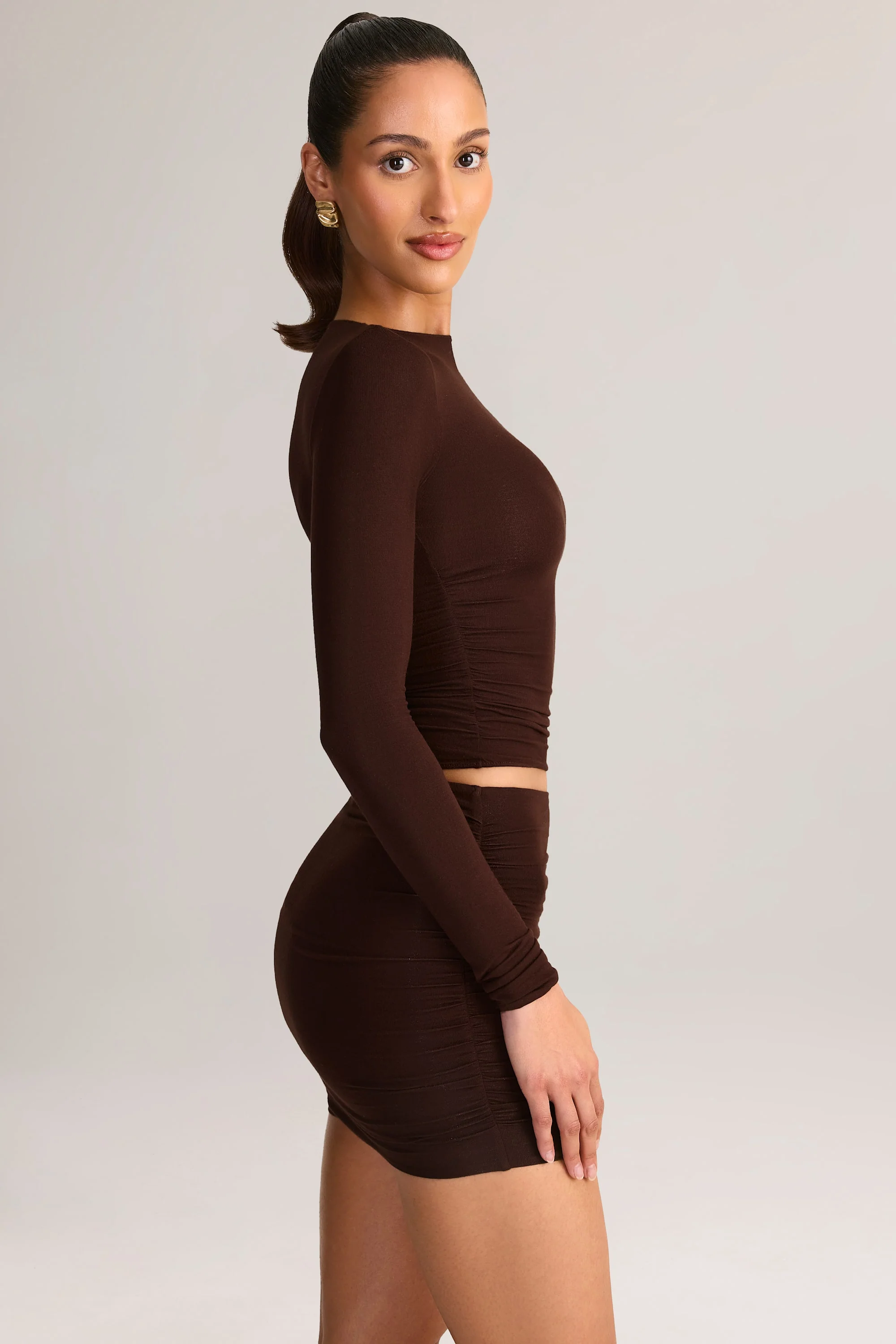 Modal Ruched Mid-Rise Mini Skirt in Chocolate Brown - Image 3