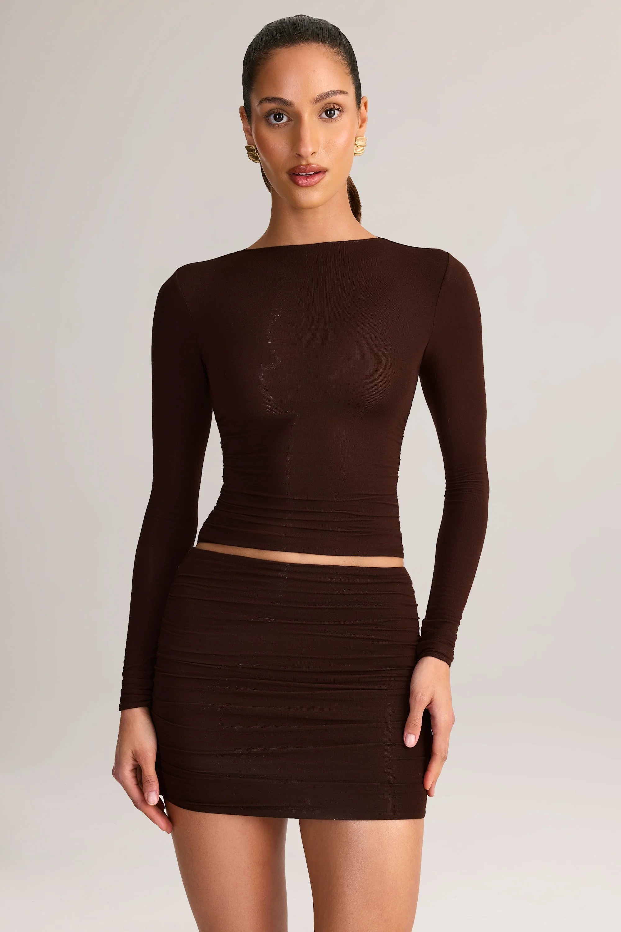 Modal Ruched Mid-Rise Mini Skirt in Chocolate Brown - Image 6
