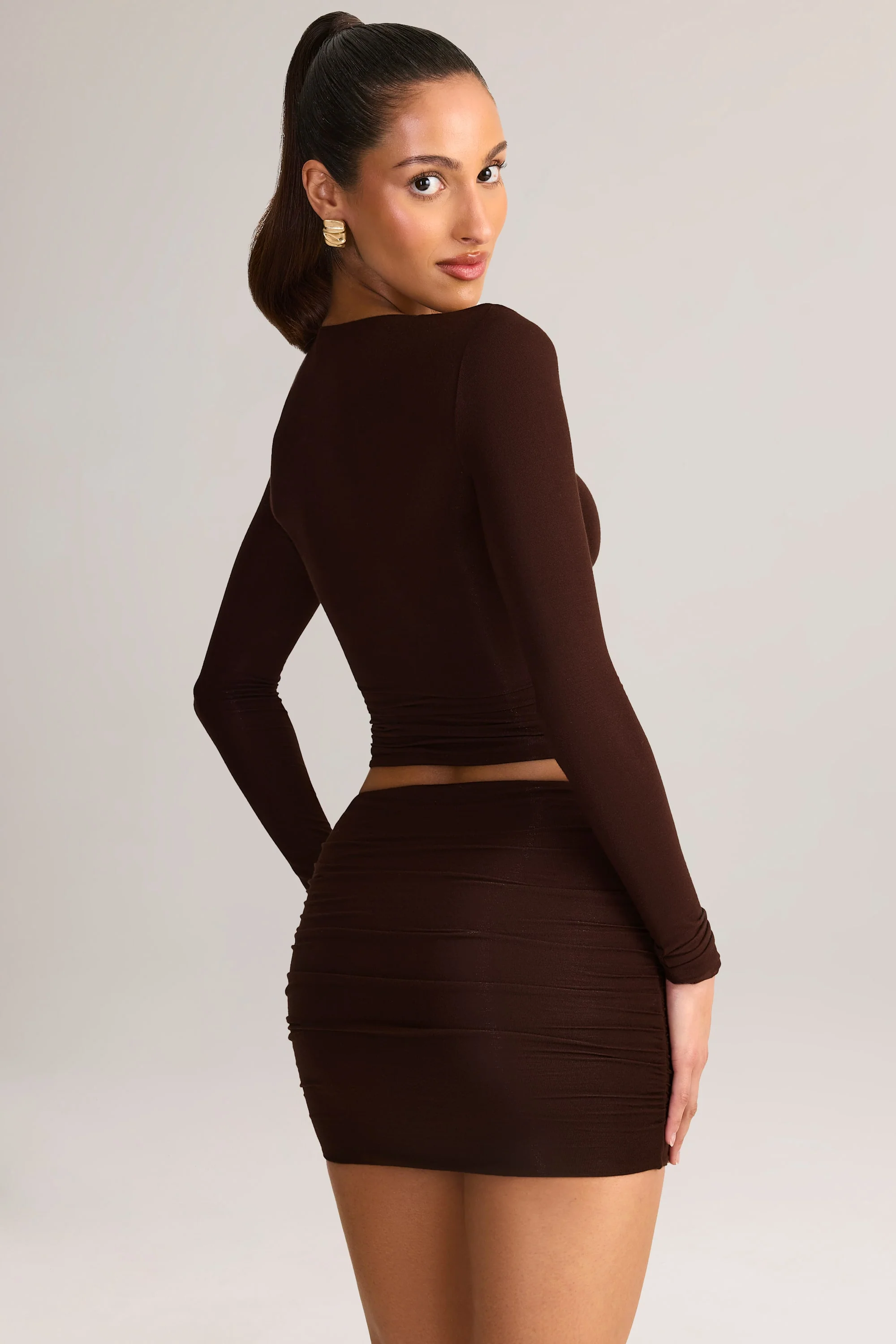 Modal Ruched Mid-Rise Mini Skirt in Chocolate Brown - Image 8