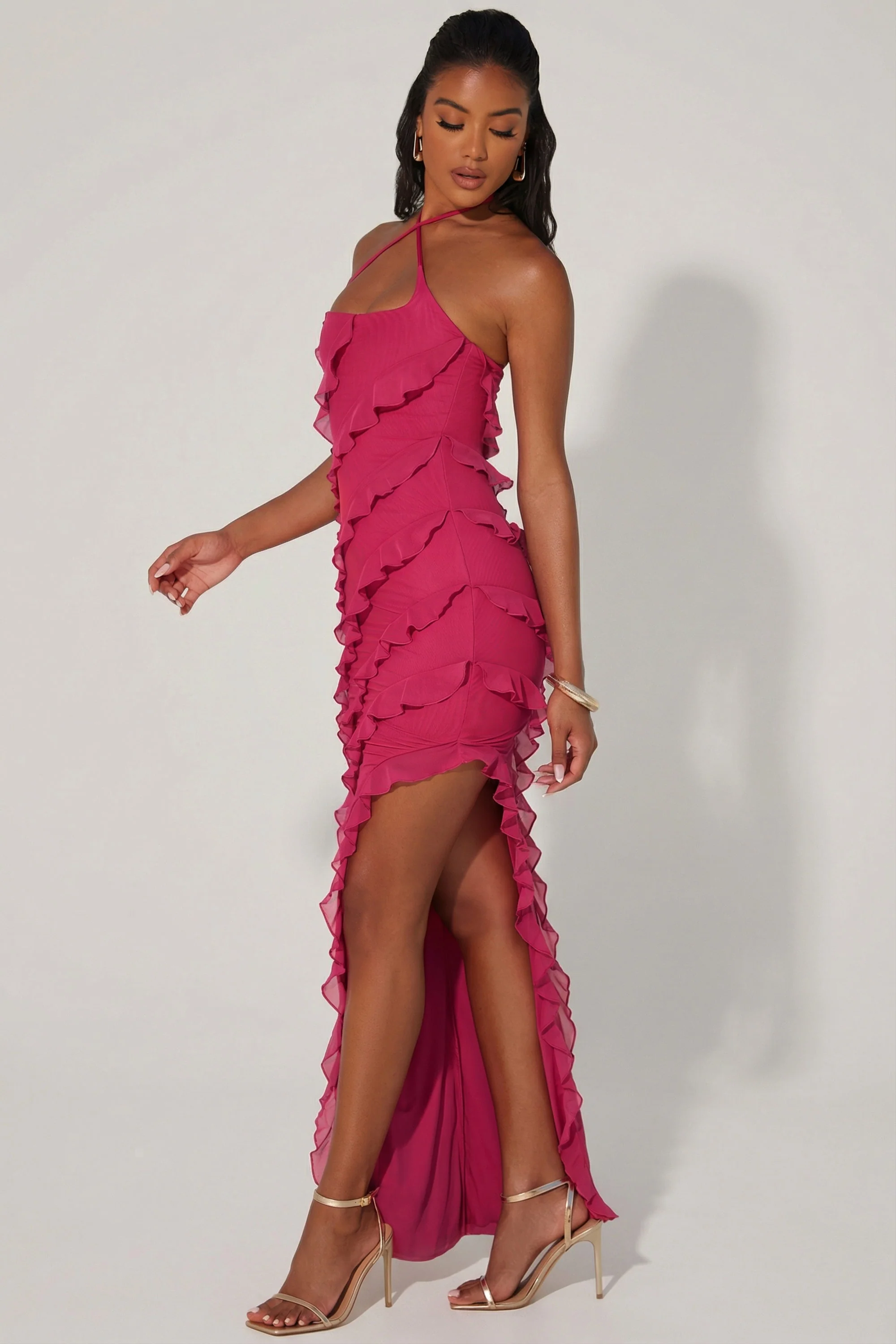 Cross Strap Ruffle Floor Length Dress in Fuchsia - Image 3