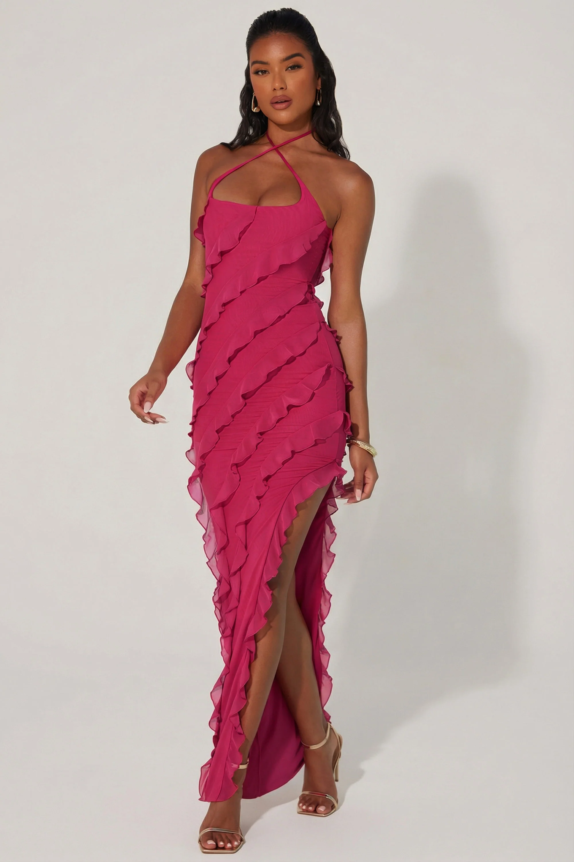 Cross Strap Ruffle Floor Length Dress in Fuchsia - Image 4