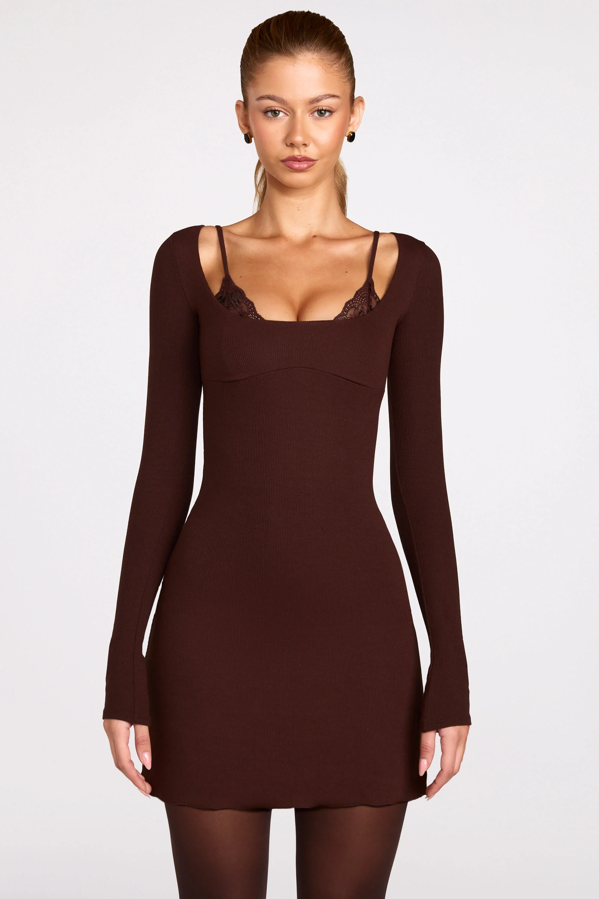 Ribbed Modal Long-Sleeve Laced Bra Mini Dress in Chocolate Brown - Image 10