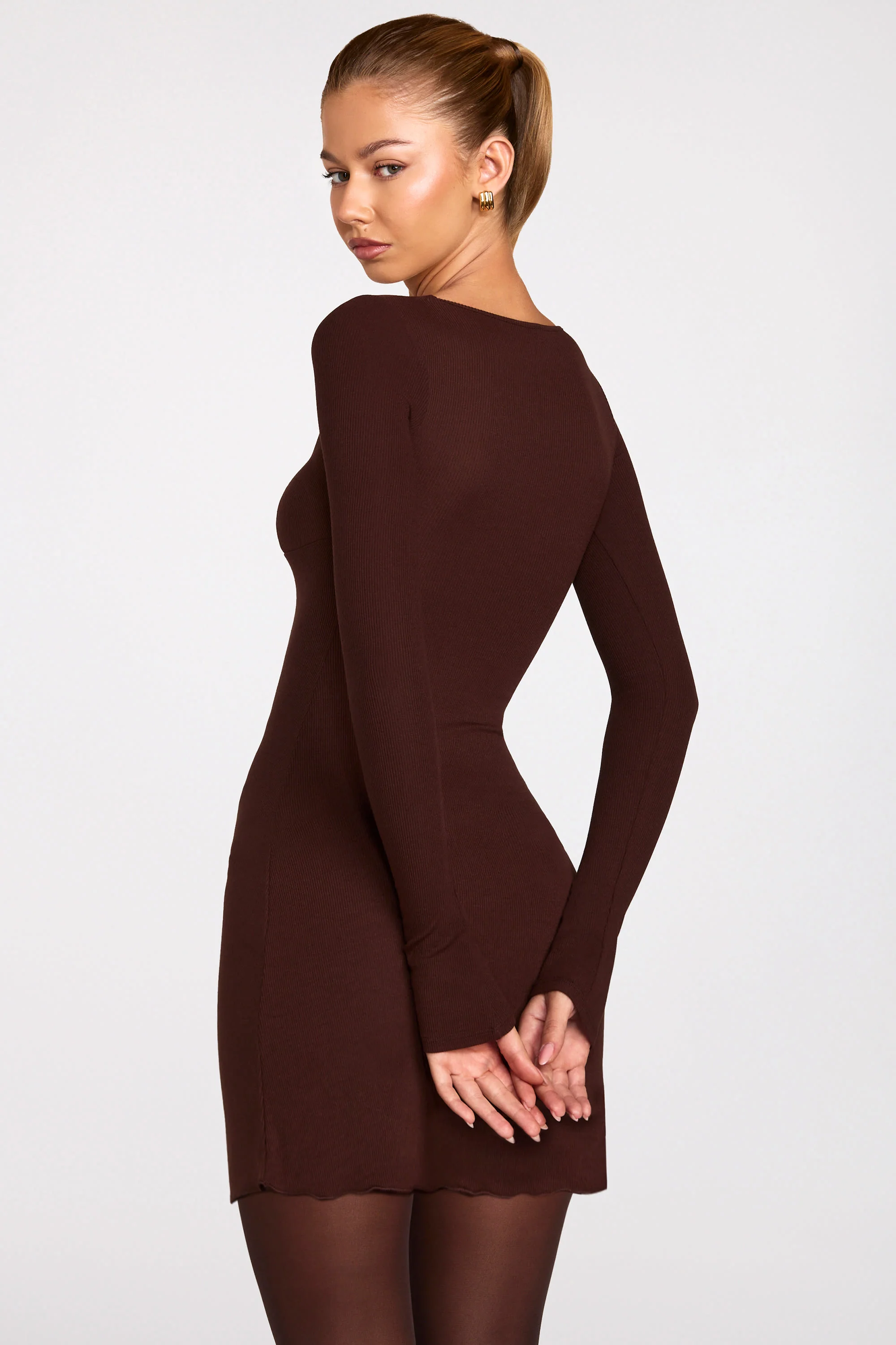 Ribbed Modal Long-Sleeve Laced Bra Mini Dress in Chocolate Brown - Image 3
