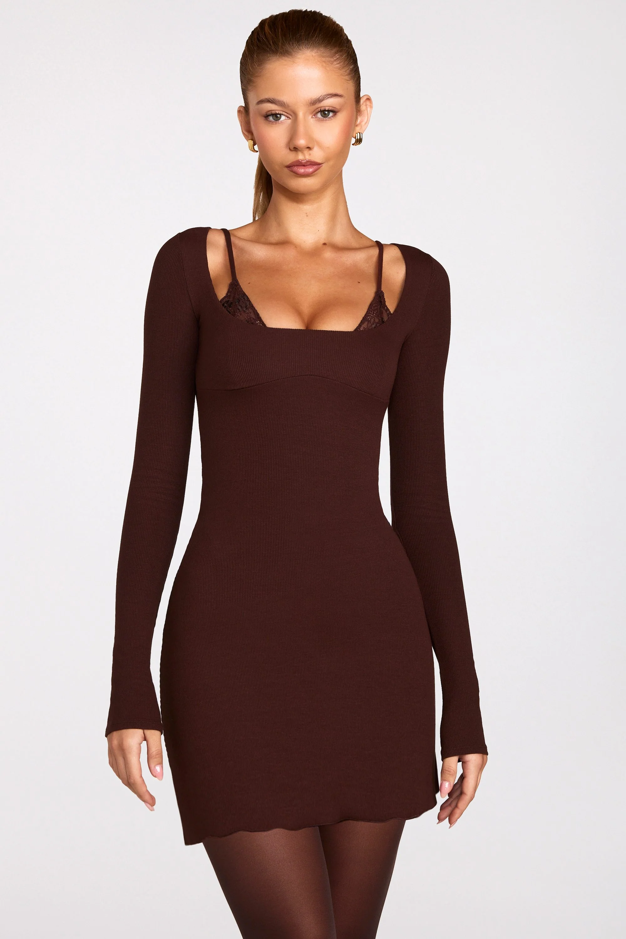 Ribbed Modal Long-Sleeve Laced Bra Mini Dress in Chocolate Brown - Image 6