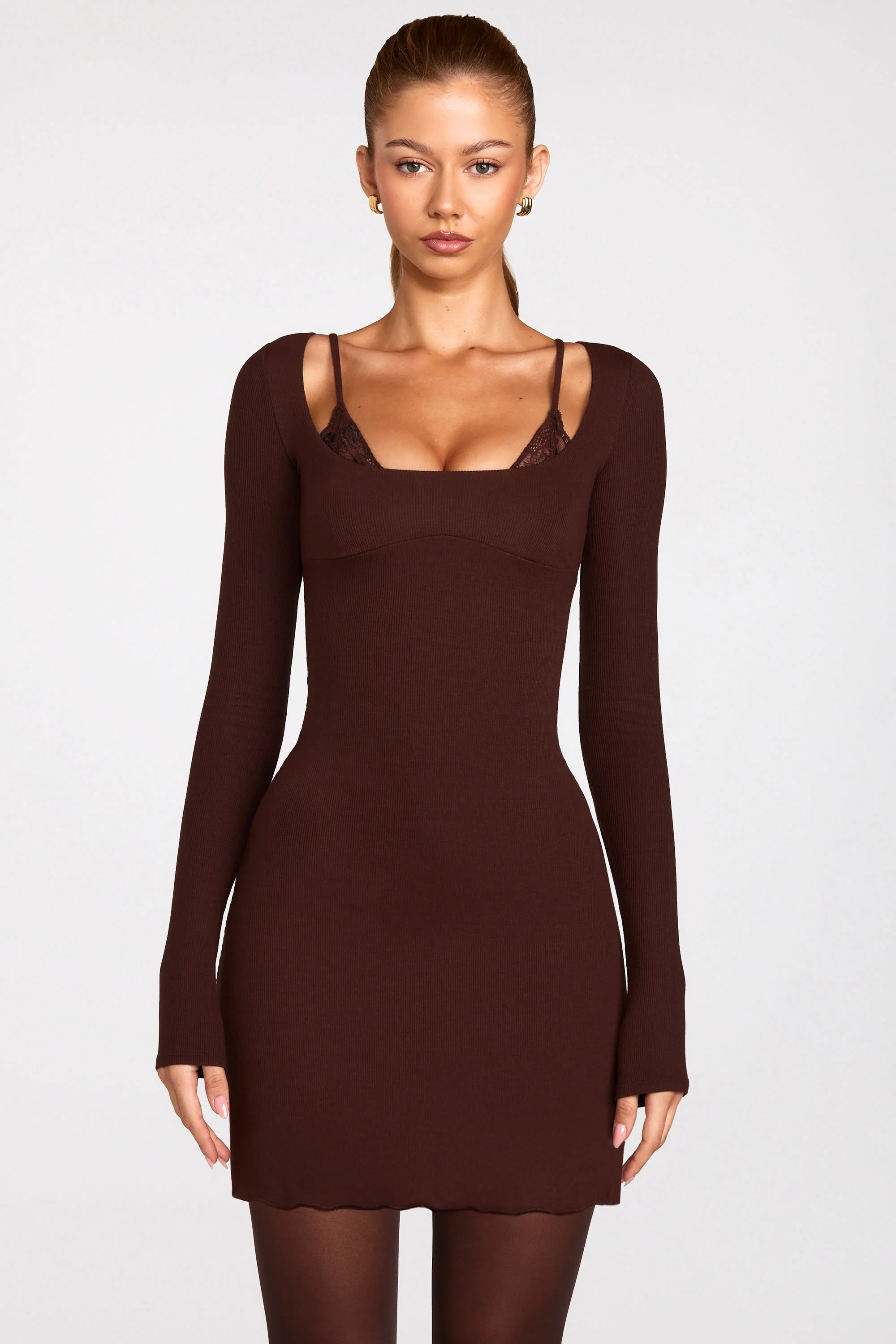 Ribbed Modal Long-Sleeve Laced Bra Mini Dress in Chocolate Brown - Image 8