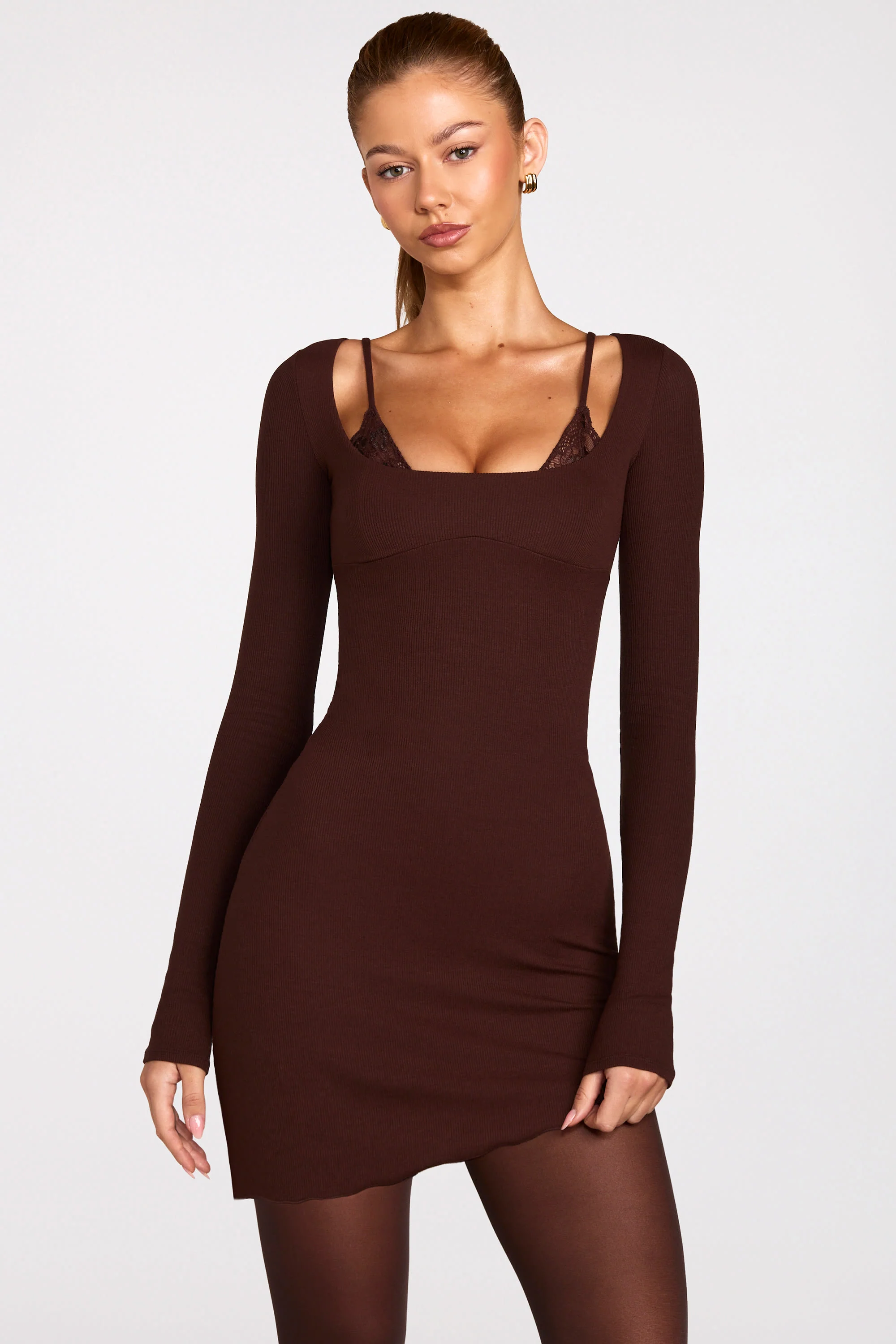 Ribbed Modal Long-Sleeve Laced Bra Mini Dress in Chocolate Brown - Image 9