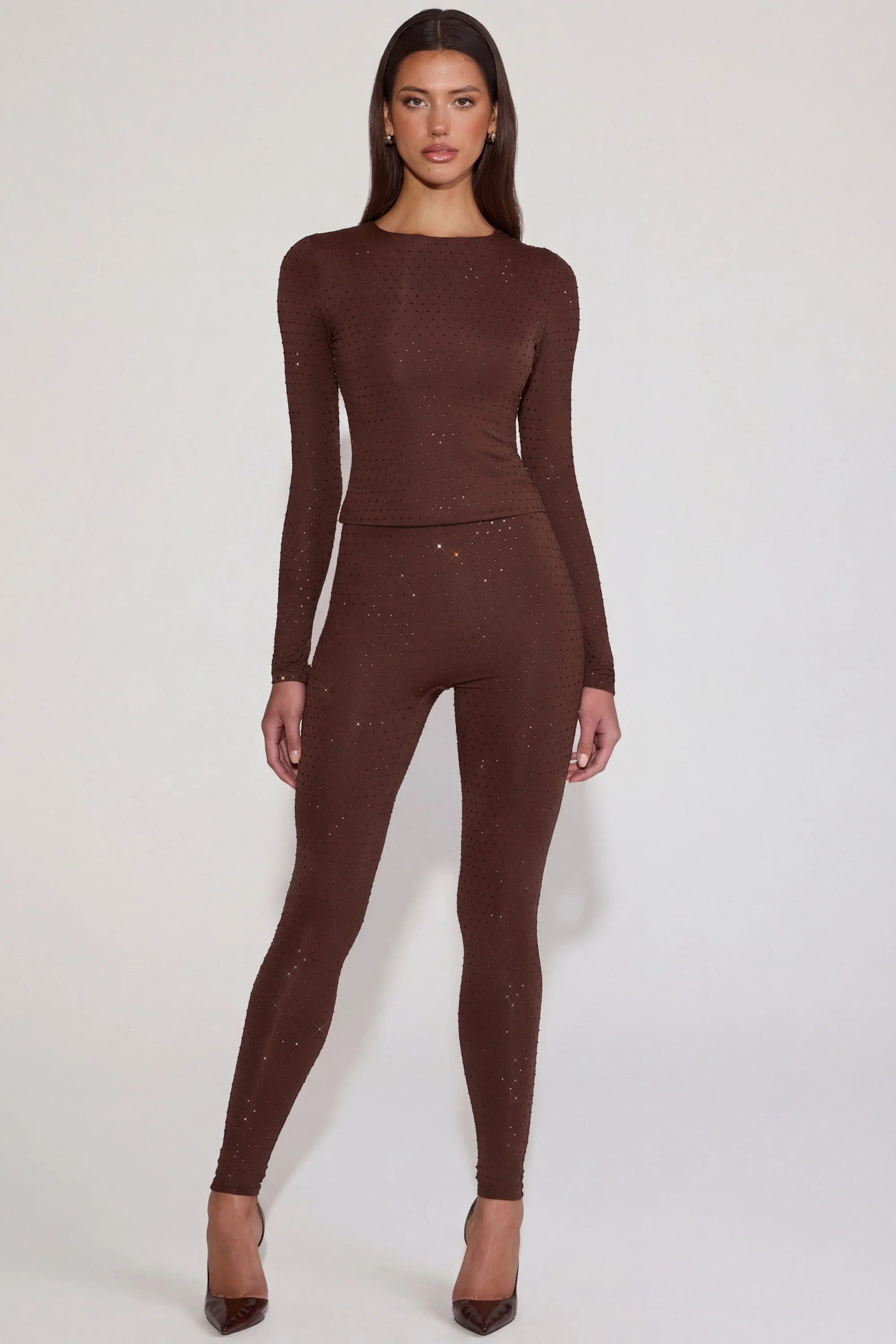 Embellished Jersey High-Waisted Leggings in Chocolate Brown - Image 5