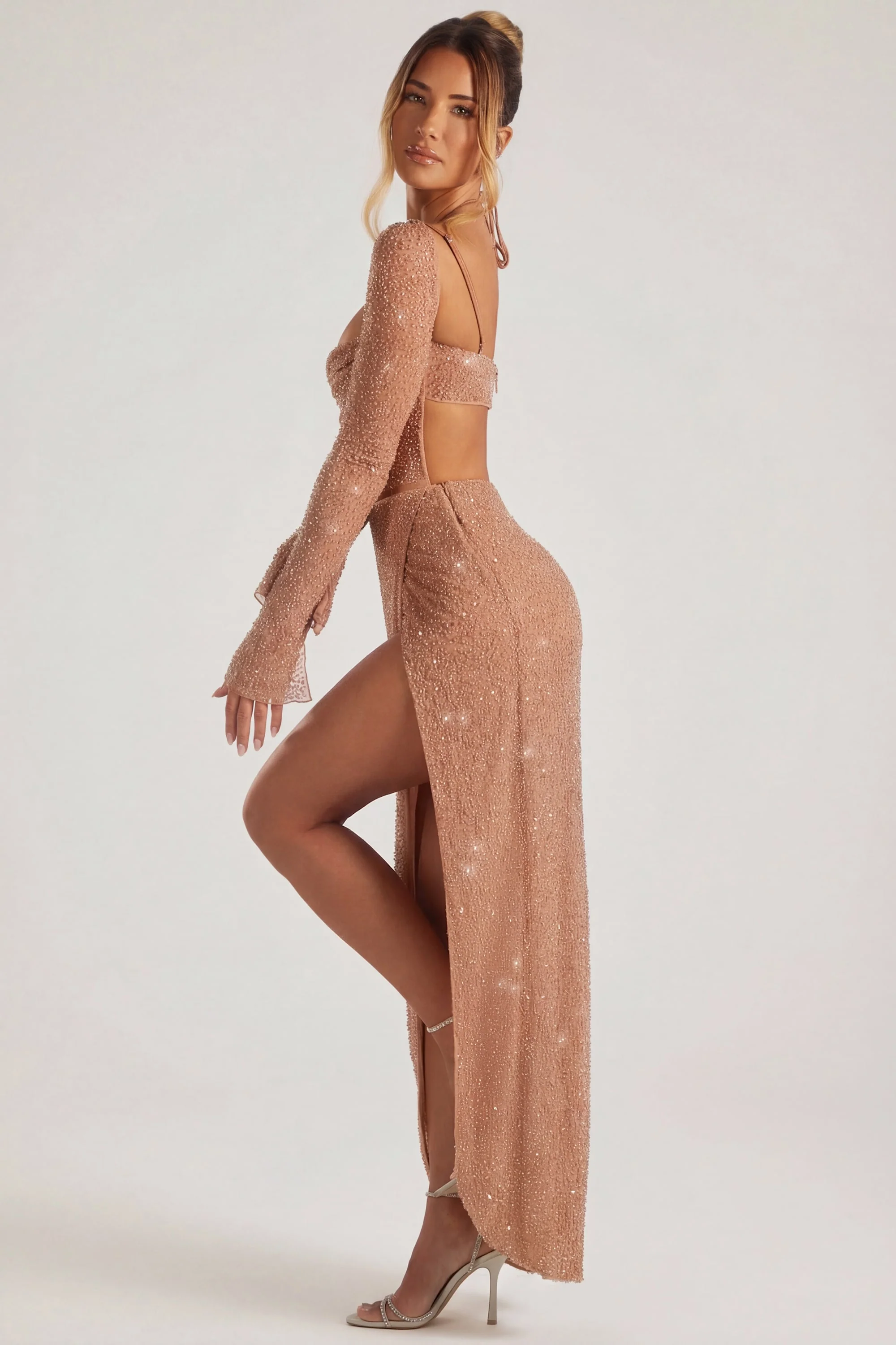 Embellished Cowl Neck Maxi Dress in Nude - Image 3