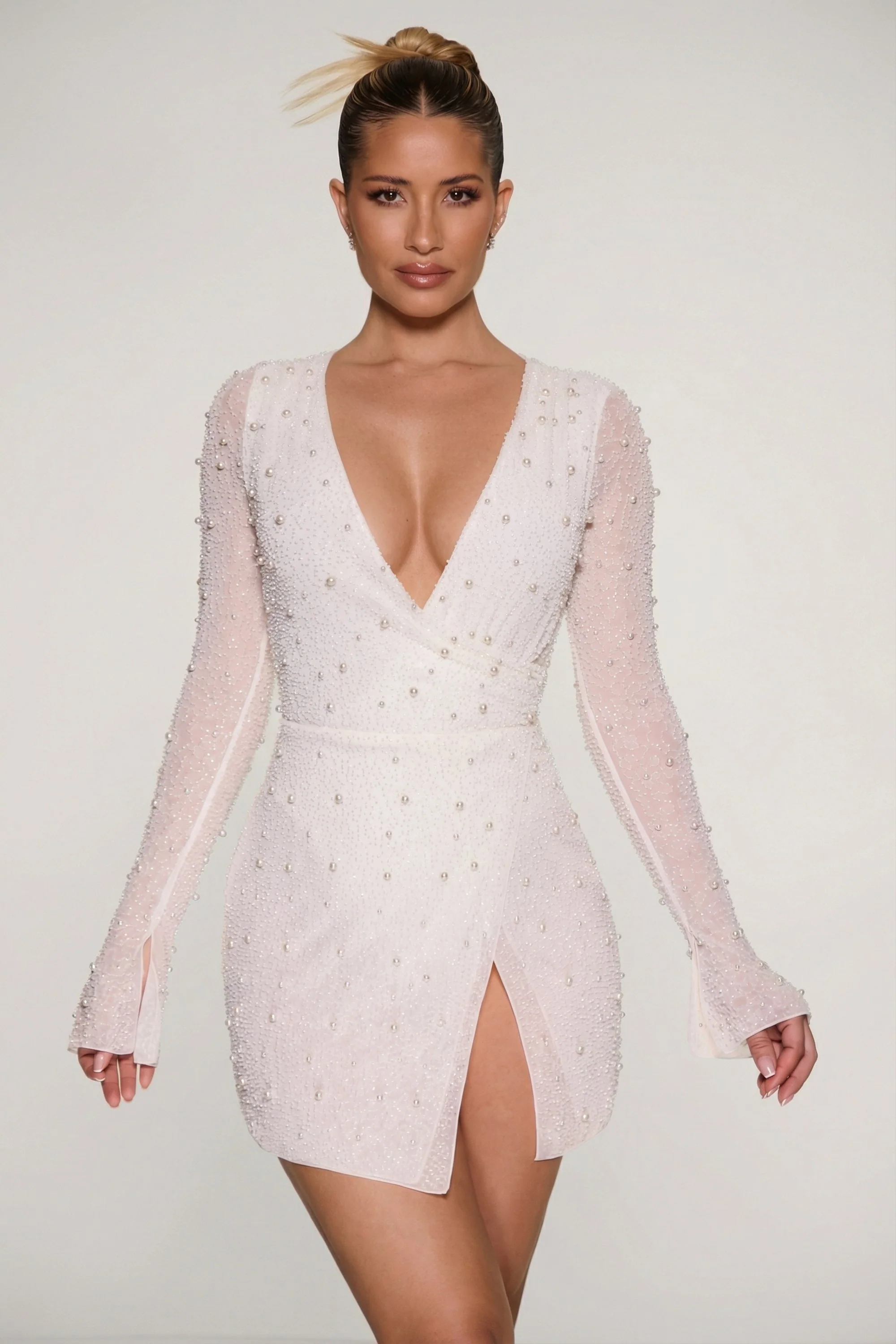 Embellished Wrap Over A-Line Mini Dress in Ivory - Image 3