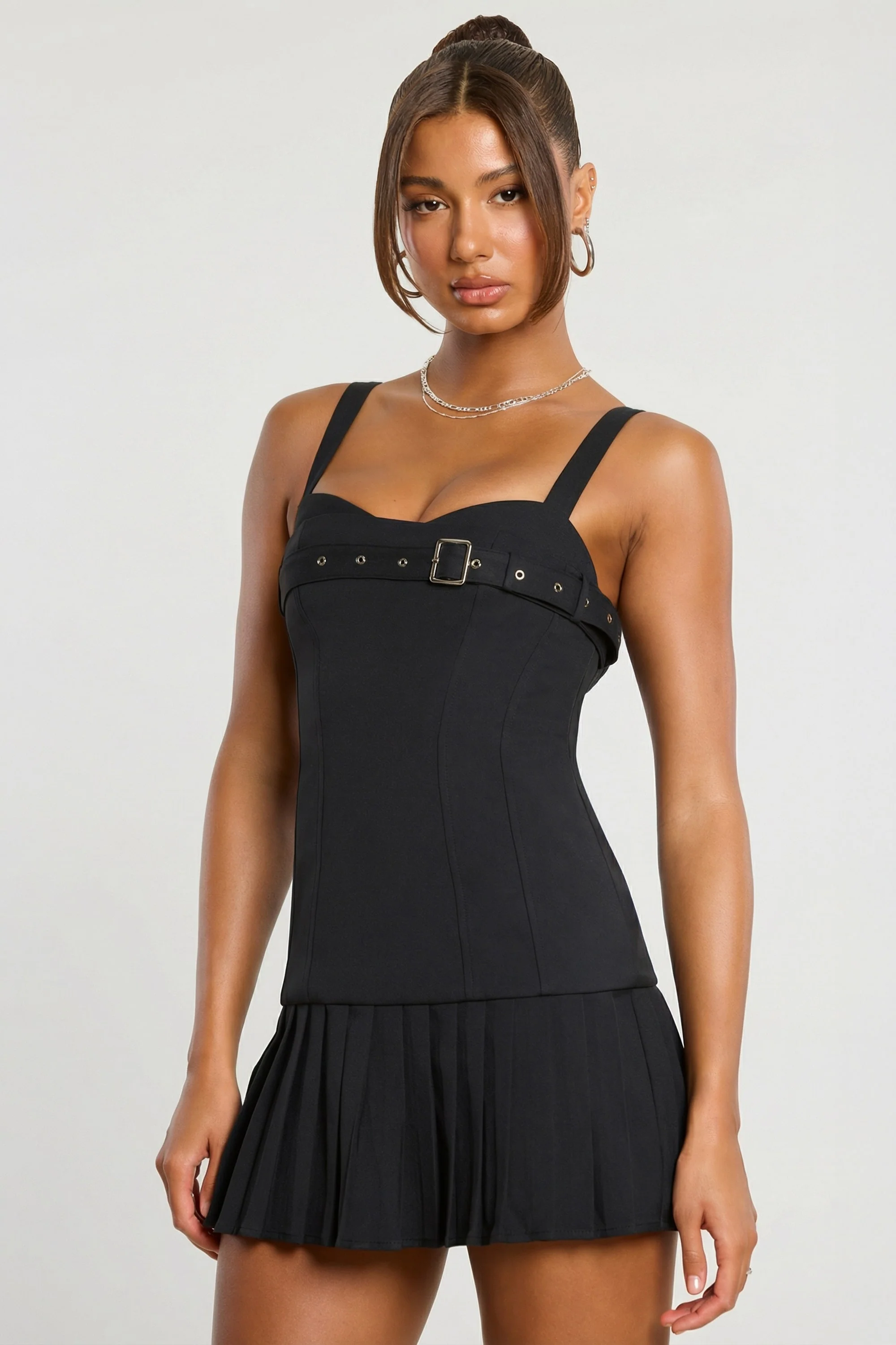 Brushed Twill Drop Waist Kilt Mini Dress in Black - Image 5