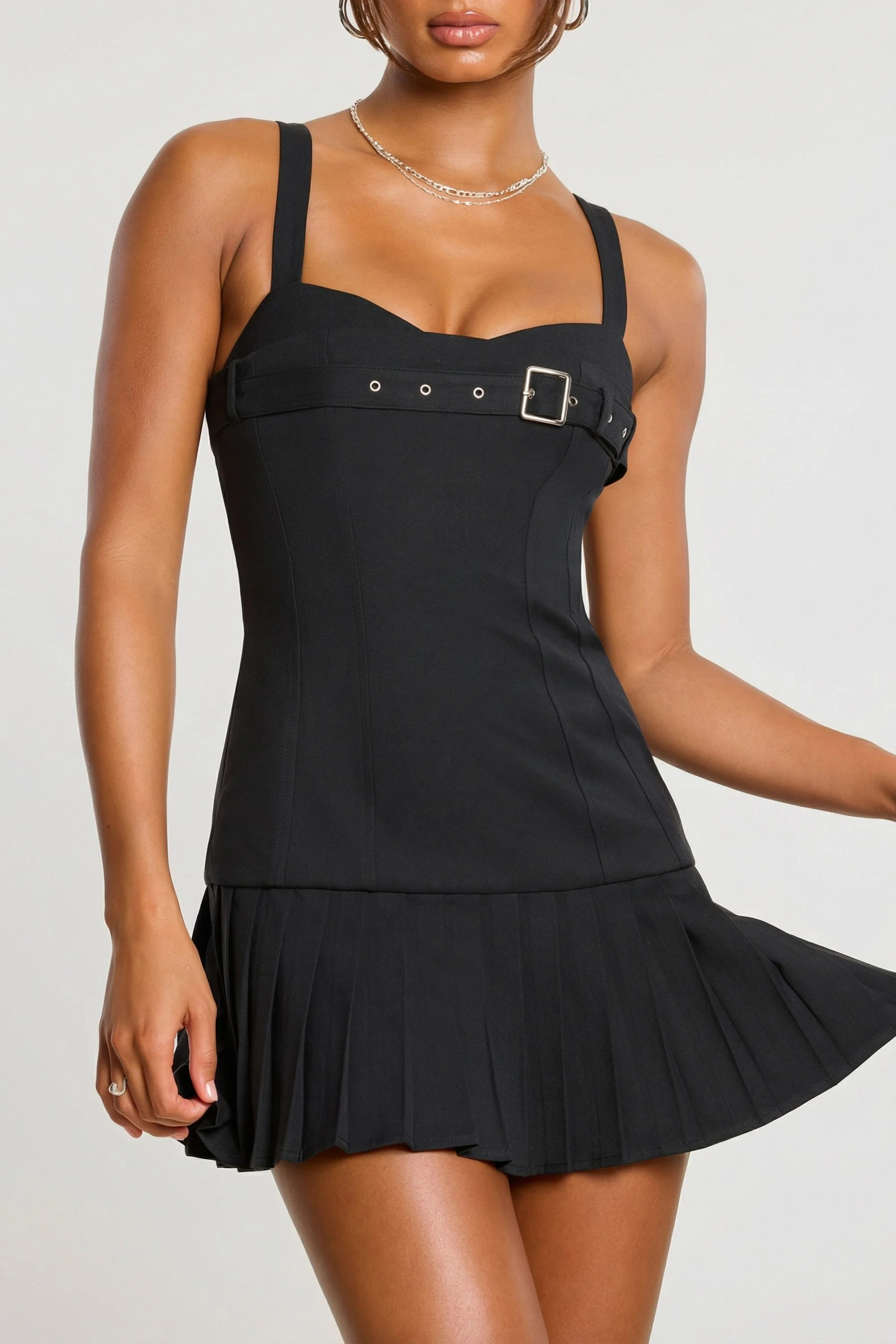 Brushed Twill Drop Waist Kilt Mini Dress in Black - Image 6