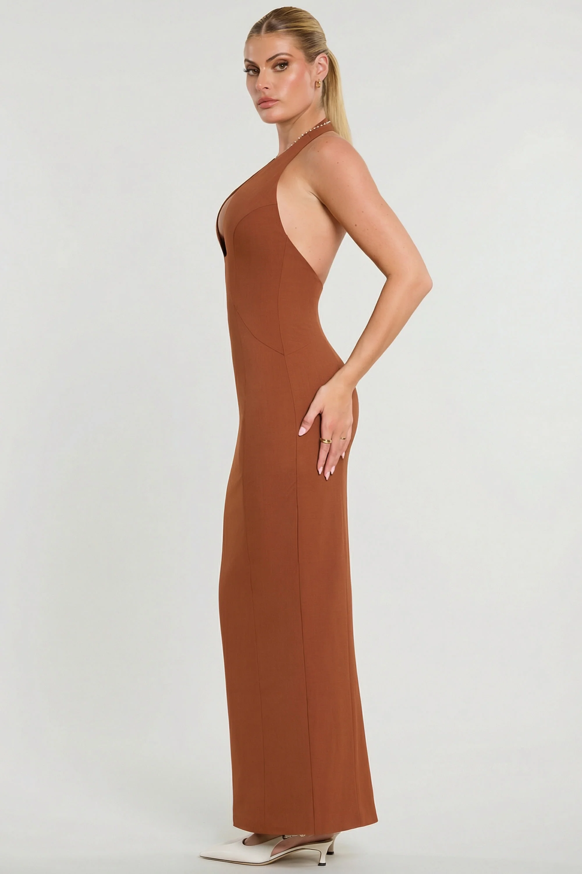 Woven Twill Halter Neck Plunge Maxi Dress in Chestnut Brown - Image 4