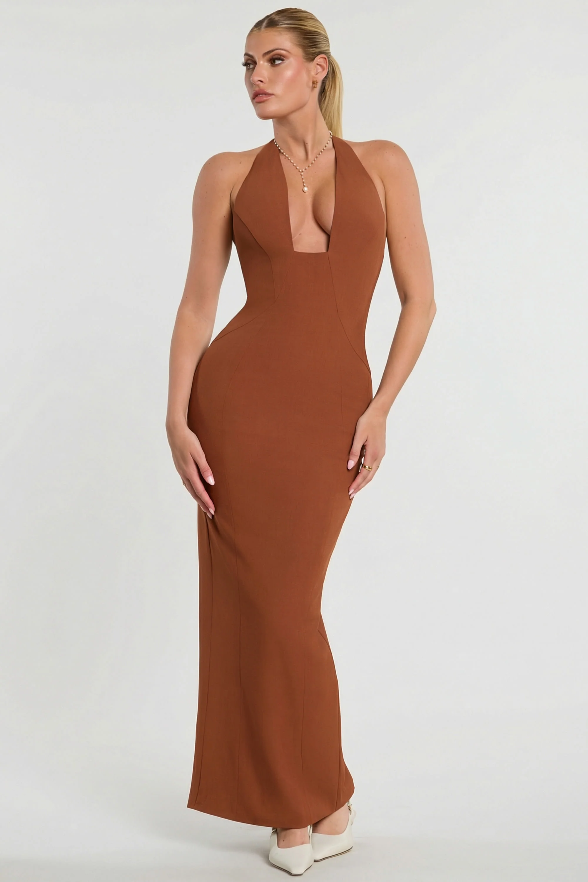 Woven Twill Halter Neck Plunge Maxi Dress in Chestnut Brown - Image 6