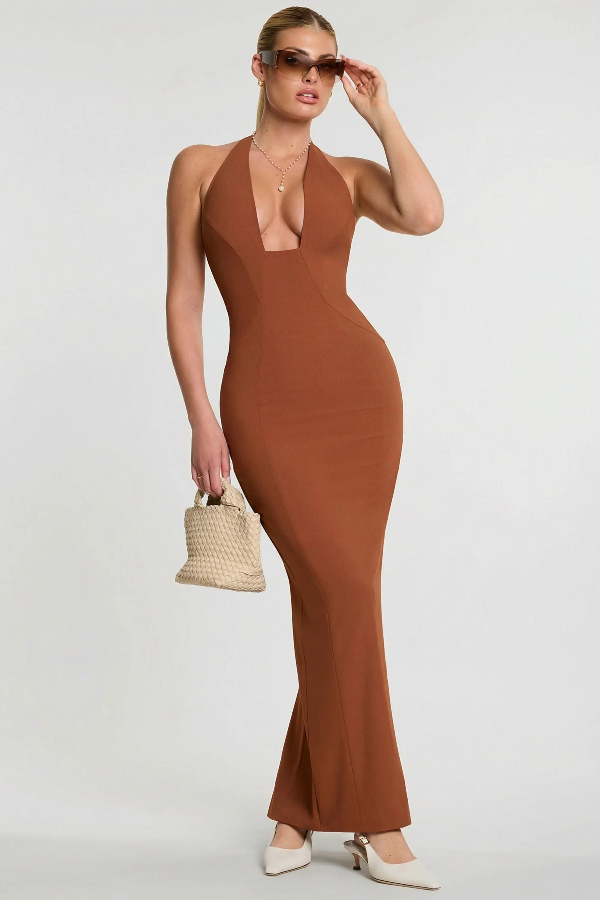 Woven Twill Halter Neck Plunge Maxi Dress in Chestnut Brown - Image 7
