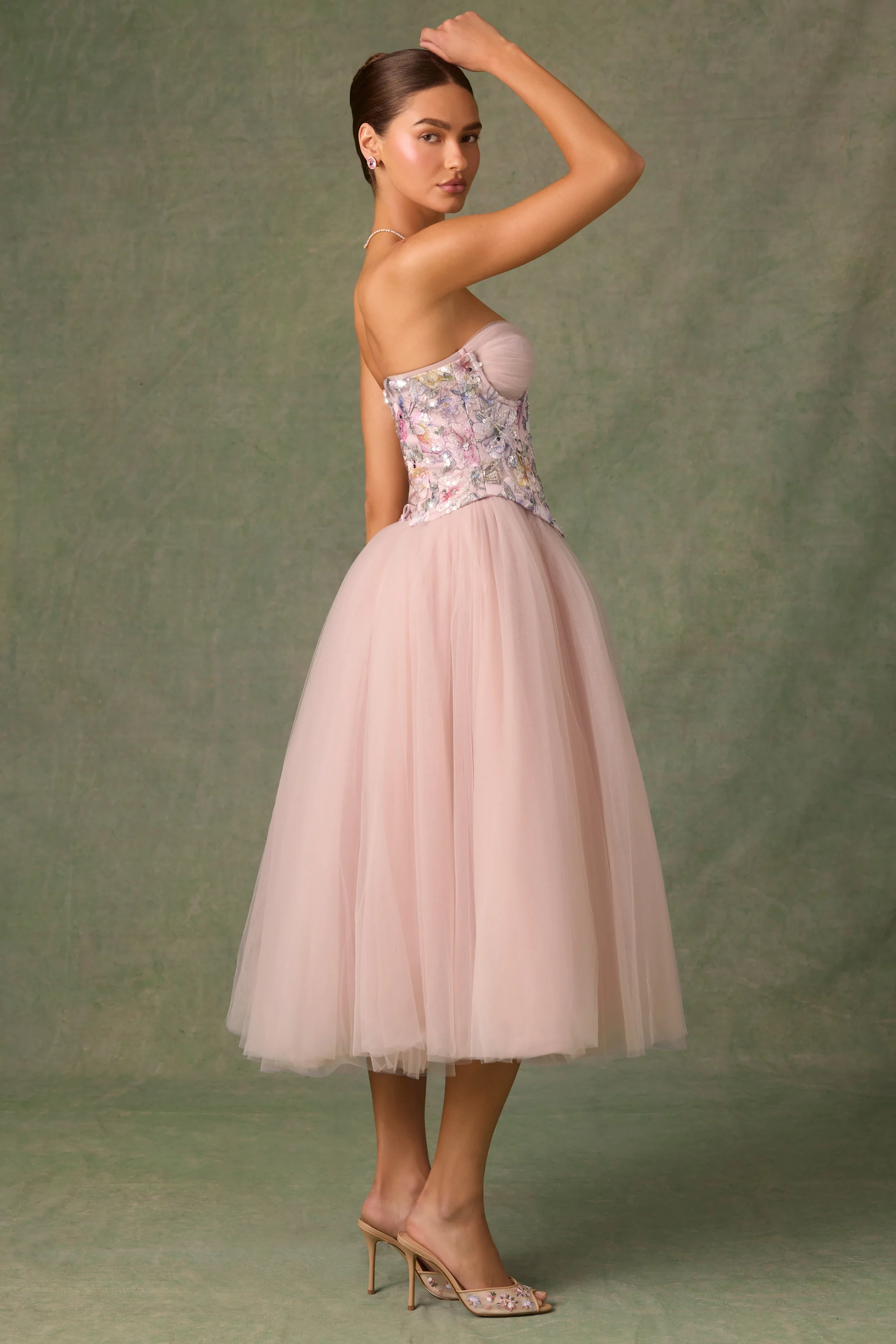 Embellished Lace-Up Cupless Corset in Floral Pink - Image 4