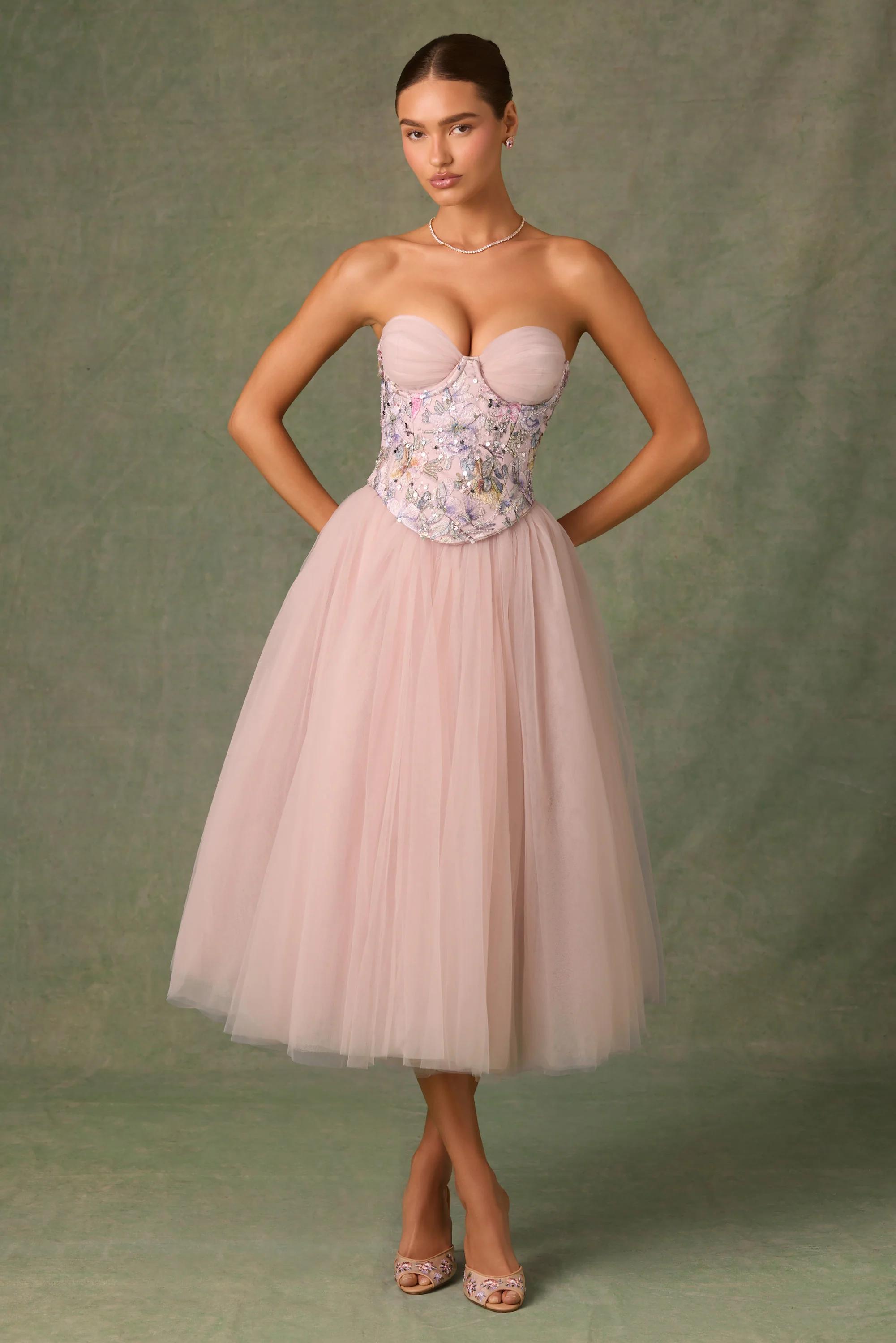 Embellished Lace-Up Cupless Corset in Floral Pink - Image 6