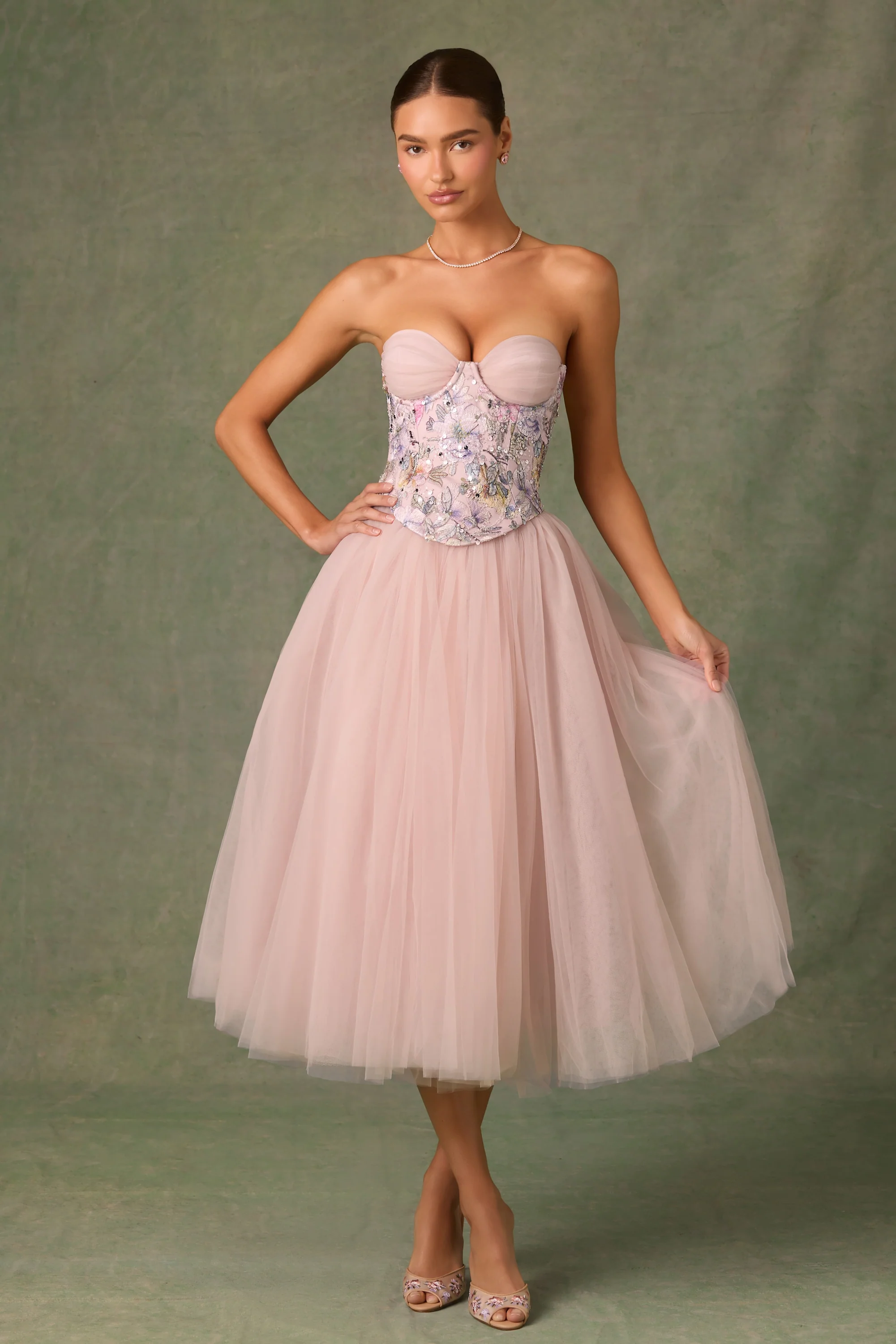 Embellished Lace-Up Cupless Corset in Floral Pink - Image 7