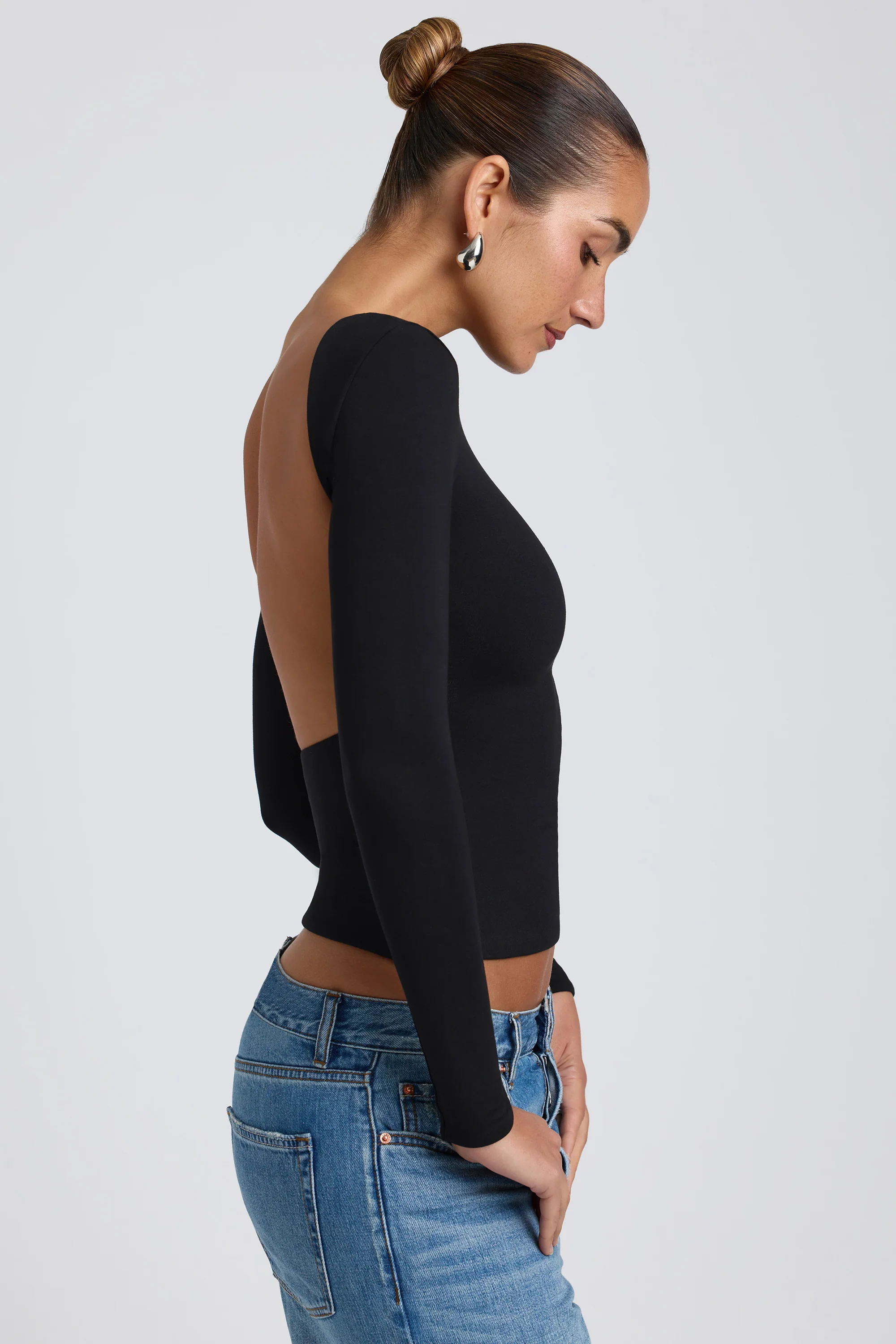 Modal High Neck Long Sleeve Open Back Top in Black - Image 3