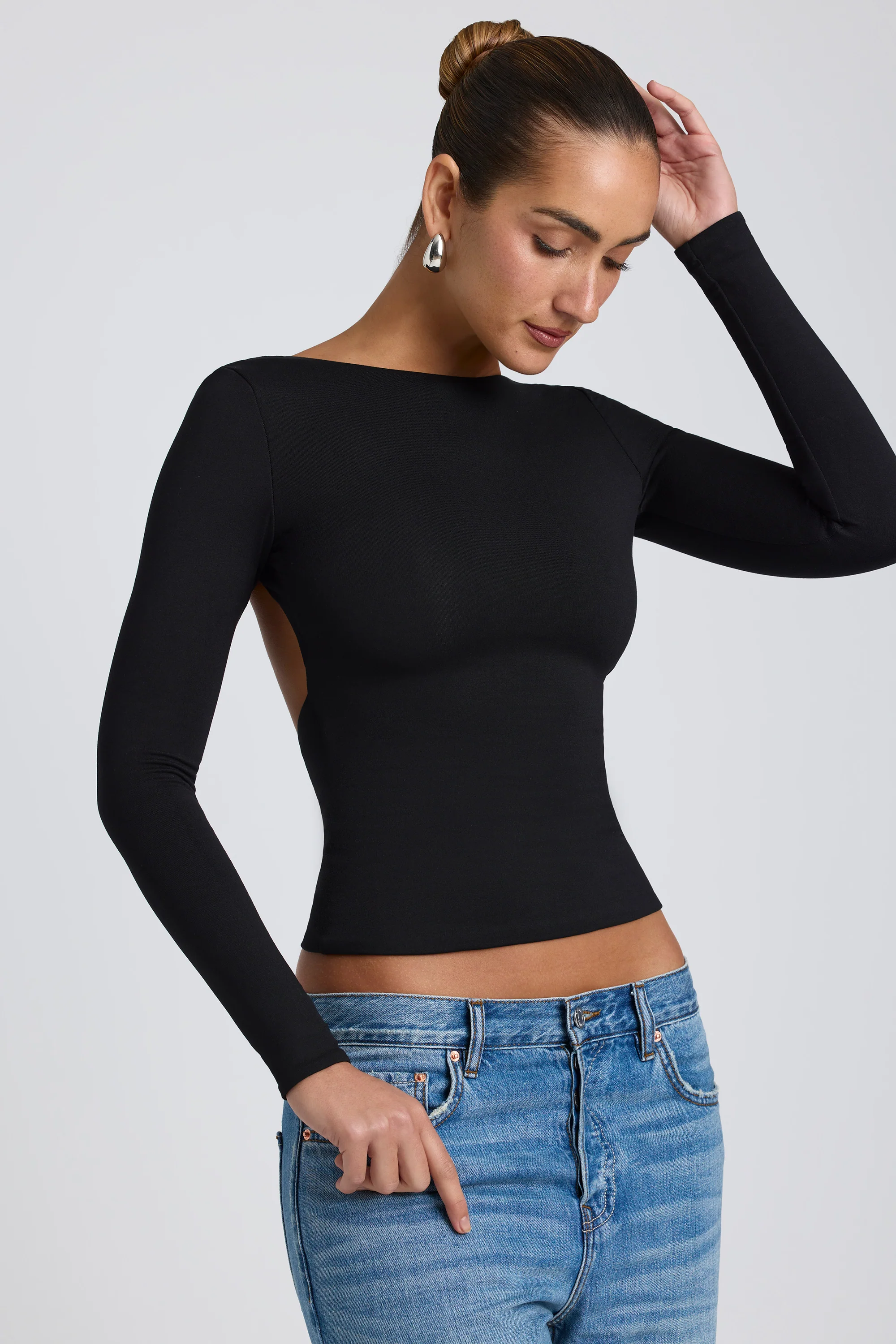 Modal High Neck Long Sleeve Open Back Top in Black - Image 4