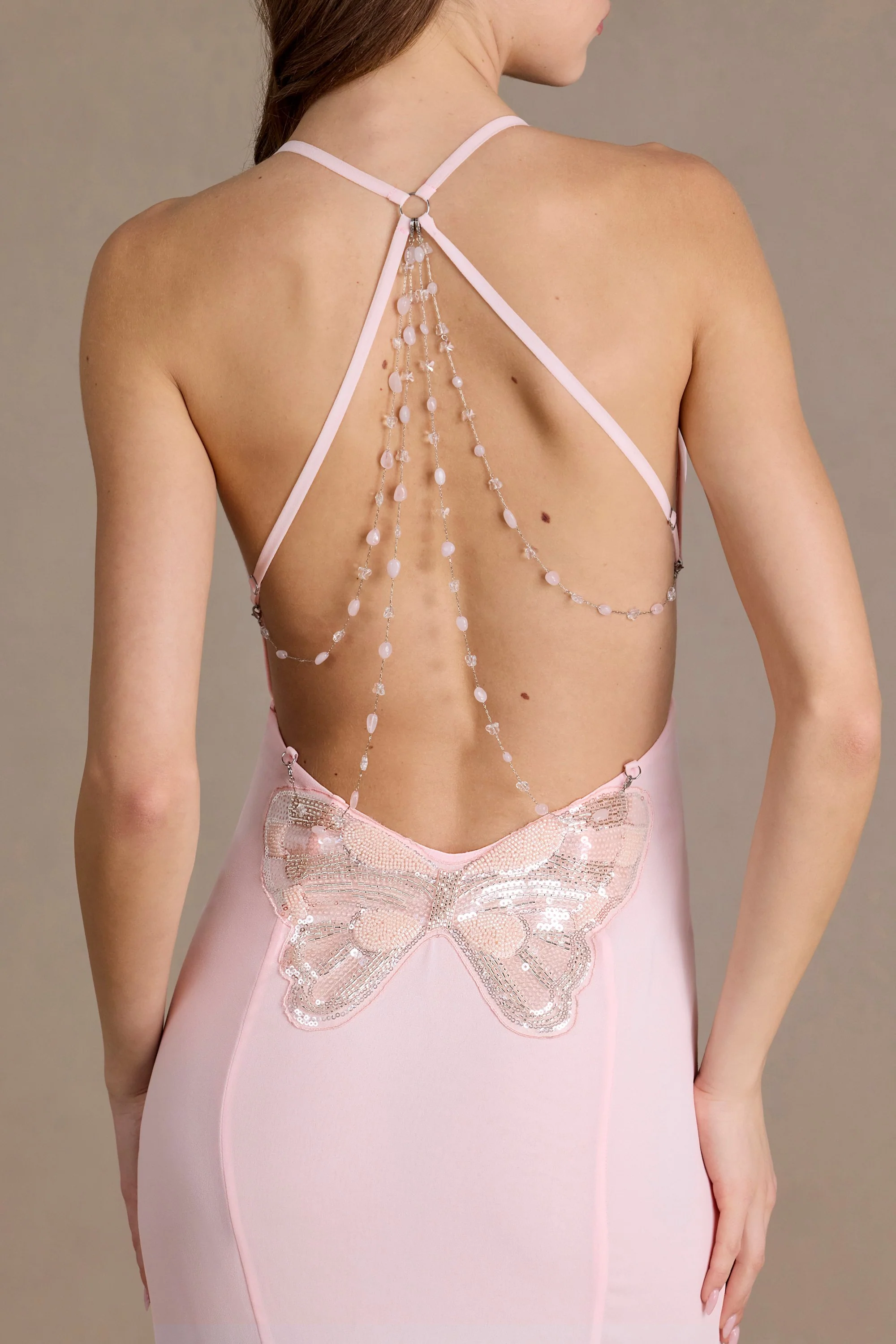 Premium Chiffon Cowl-Neck Open-Back Gown in Baby Pink - Image 4