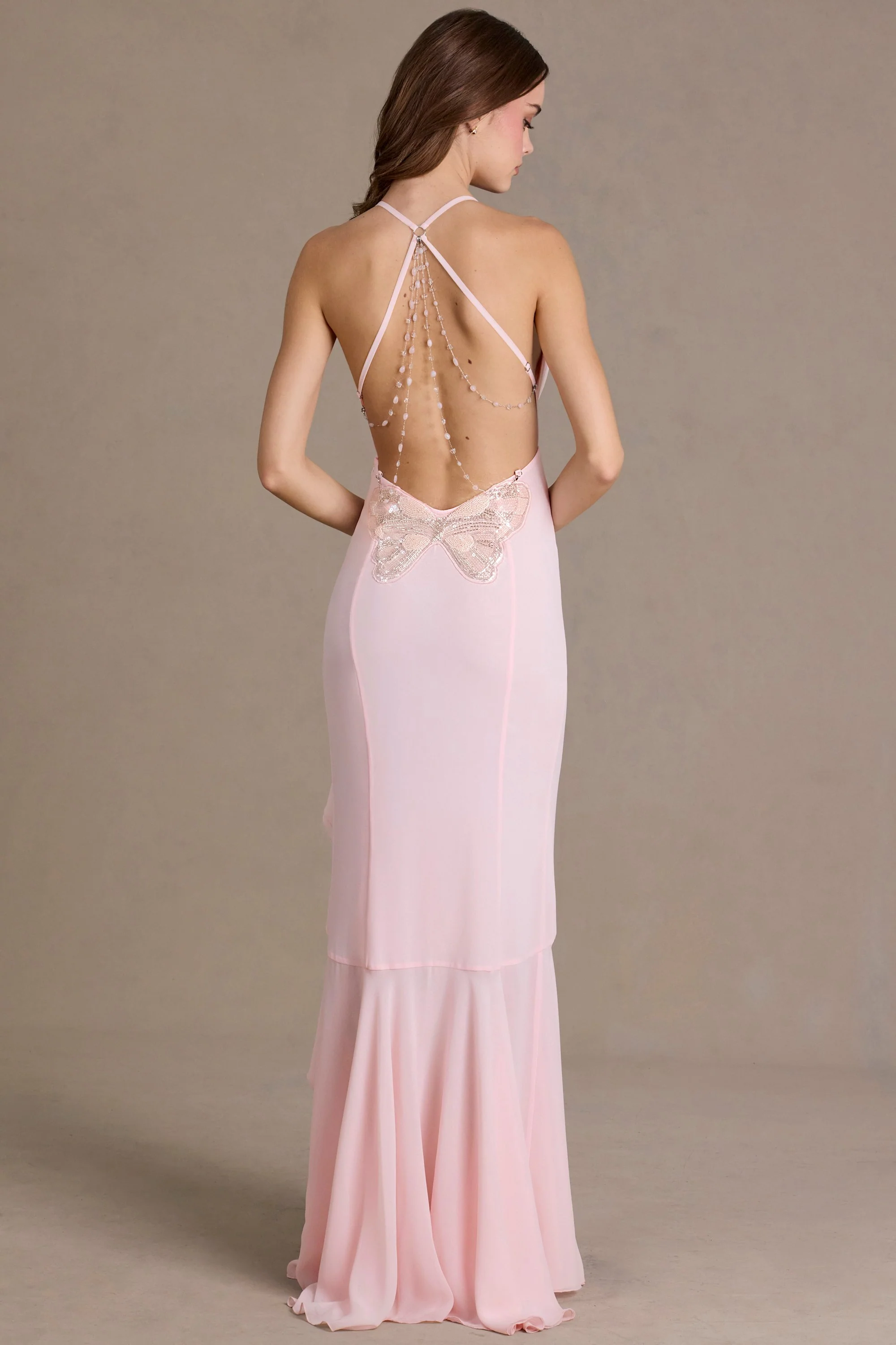 Premium Chiffon Cowl-Neck Open-Back Gown in Baby Pink - Image 6