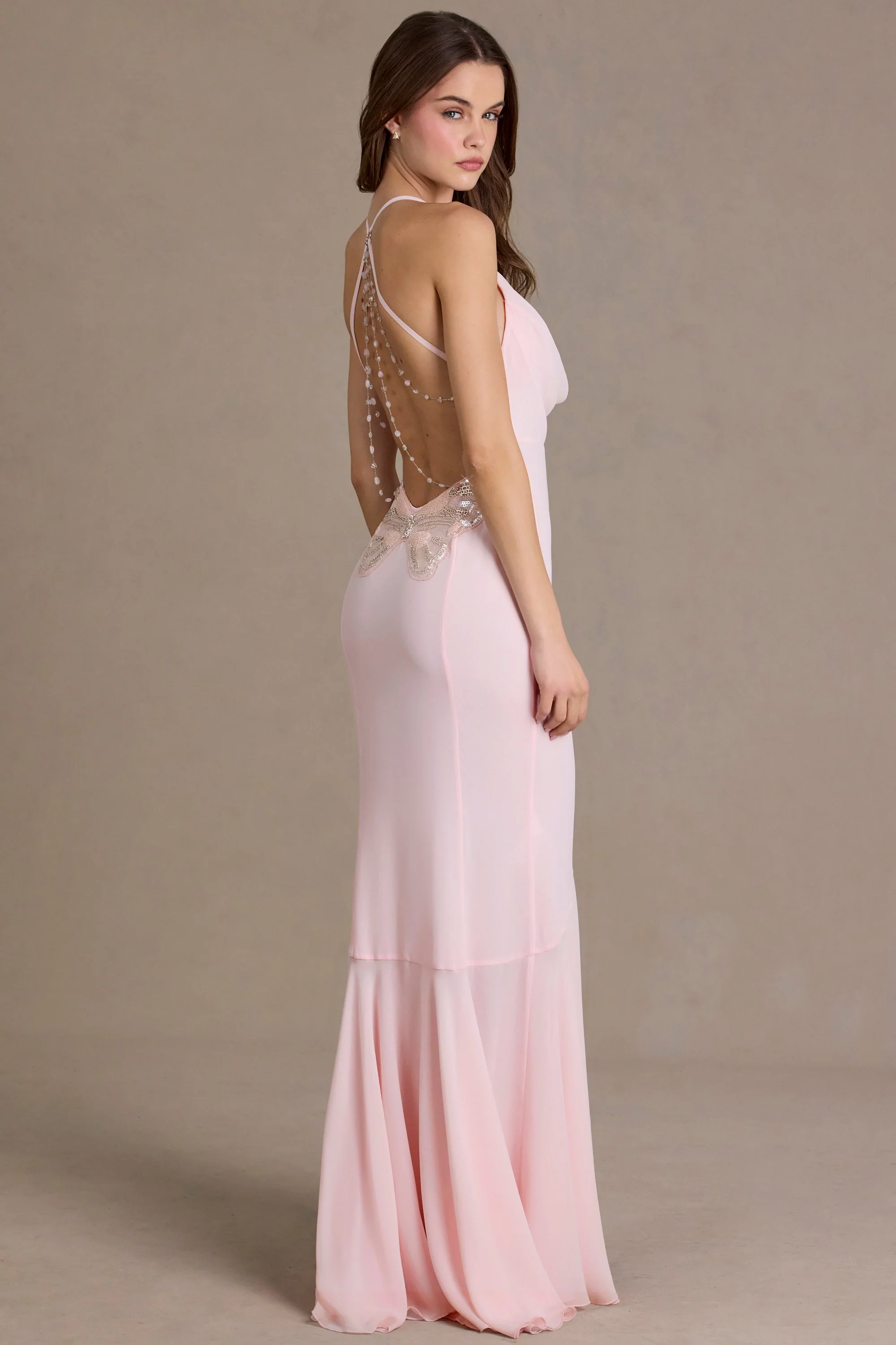 Premium Chiffon Cowl-Neck Open-Back Gown in Baby Pink - Image 7