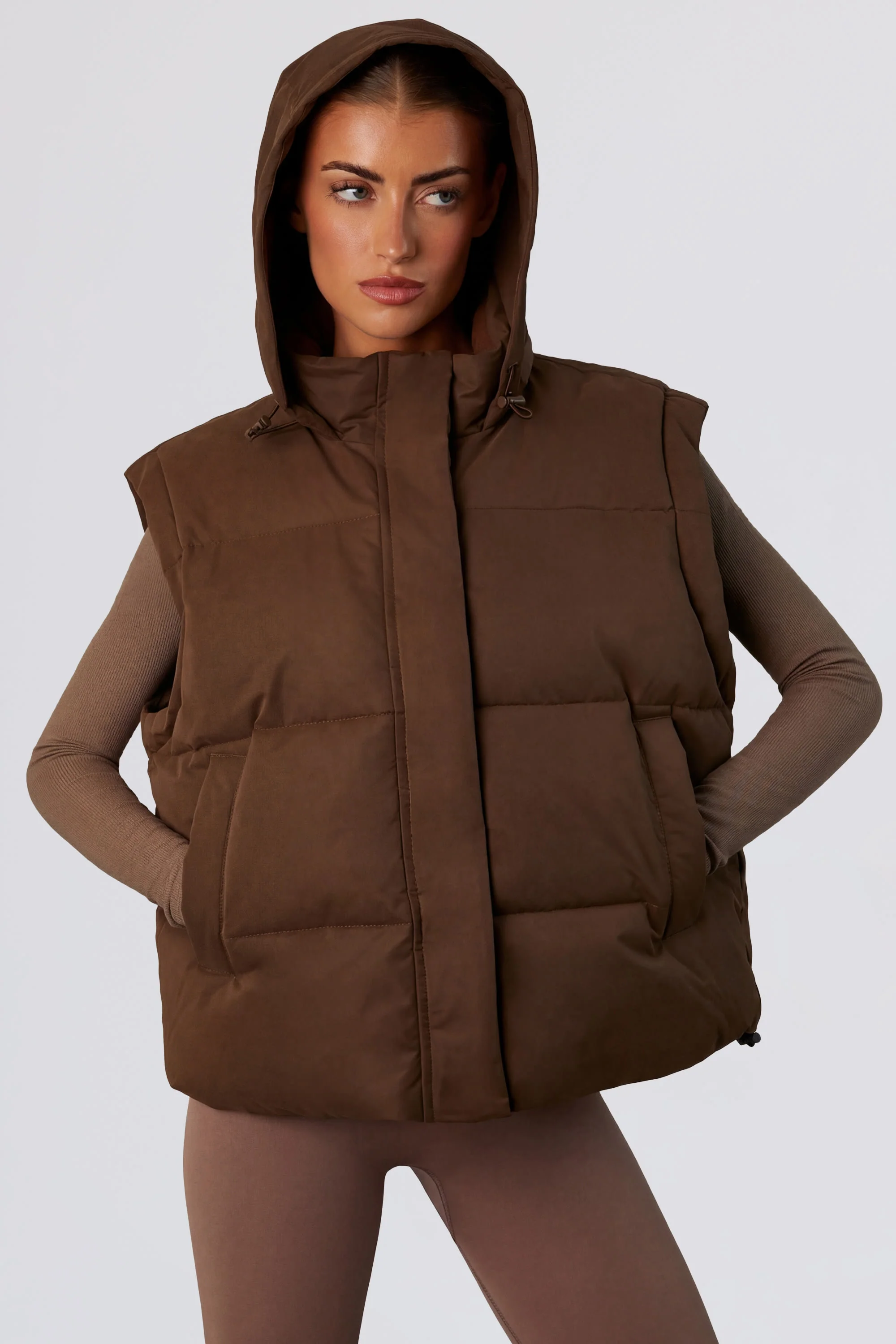 Cropped Puffer Jacket with Detachable Sleeves in Cocoa Brown - Image 10